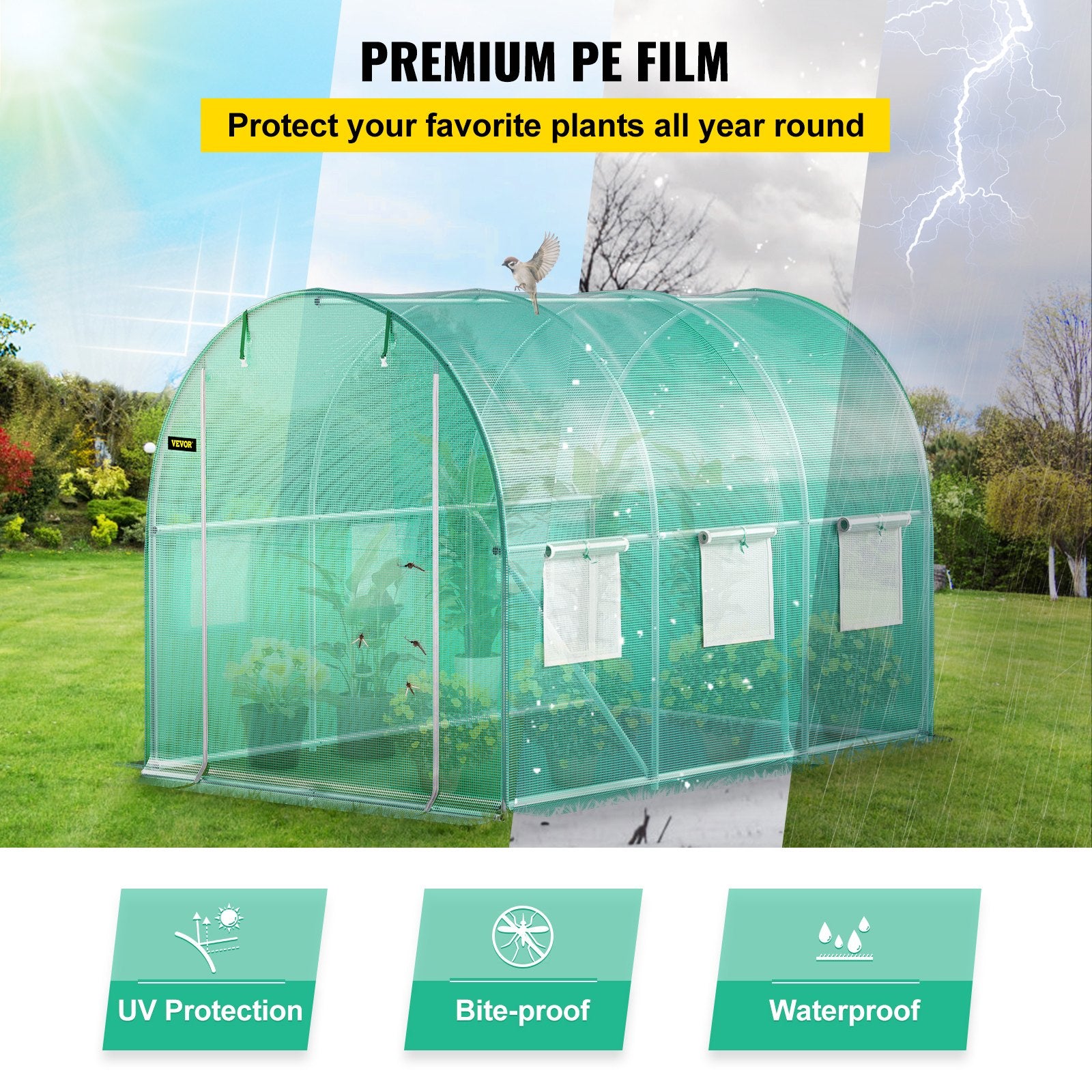 Walk-in Tunnel Greenhouse, 3 x 2 x 2 m, Portable Plant Hot House with Galvanised Steel Frame, 1 Top Bar, Diagonal Poles, Zipper Door and 6 Roll-Up Windows, Green