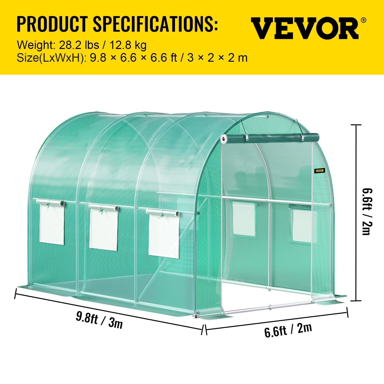 Walk-in Tunnel Greenhouse, 3 x 2 x 2 m, Portable Plant Hot House with Galvanised Steel Frame, 1 Top Bar, Diagonal Poles, Zipper Door and 6 Roll-Up Windows, Green