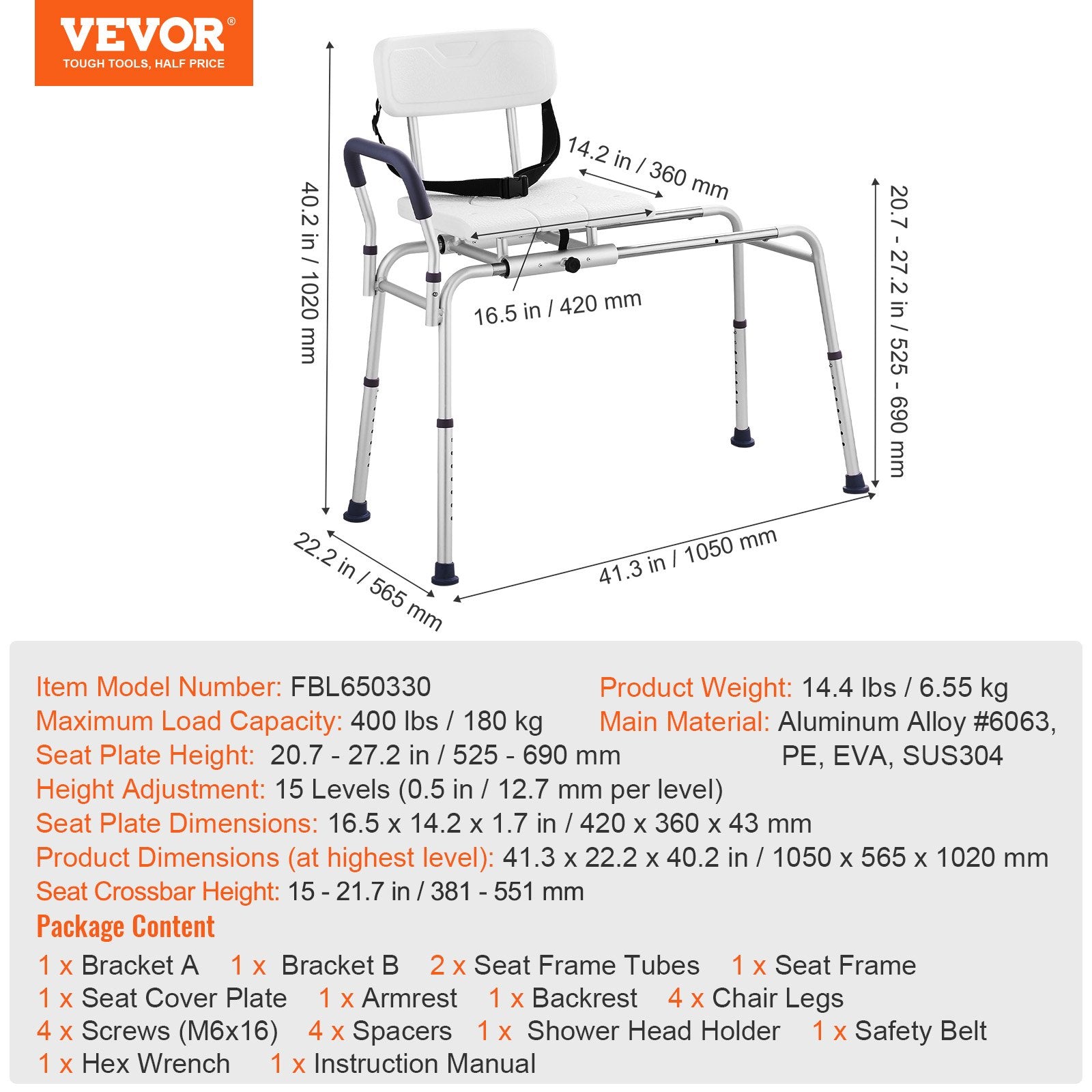 Pool Toys & Inflatables: VEVOR Sliding Tub Transfer Bench Shower Chair & Cut-Out Seat Reversible Backrest