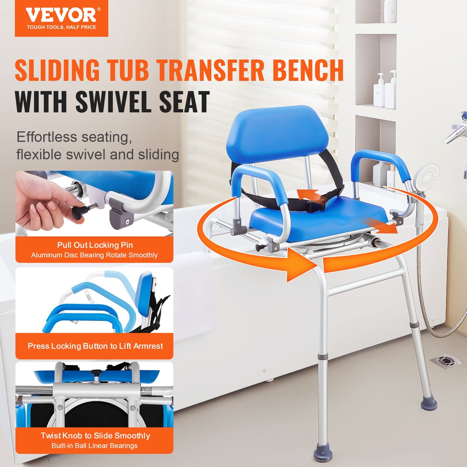 Sliding Tub Transfer Bench with 360 Degree Swivel Seat, Sliding Shower Chair with Pivoting Armrest & Padded Seat and Safety Belt, Height Adjustable Bath Chair for Elderly Disabled 330LBS