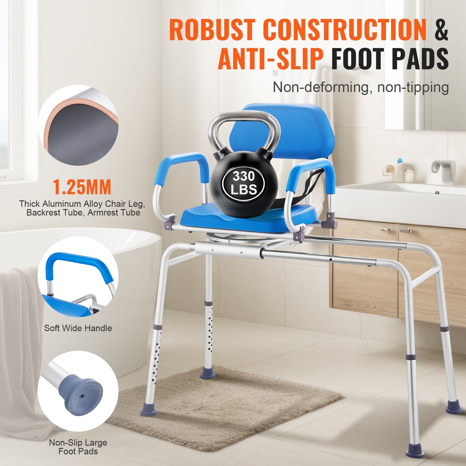 Sliding Tub Transfer Bench with 360 Degree Swivel Seat, Sliding Shower Chair with Pivoting Armrest & Padded Seat and Safety Belt, Height Adjustable Bath Chair for Elderly Disabled 330LBS