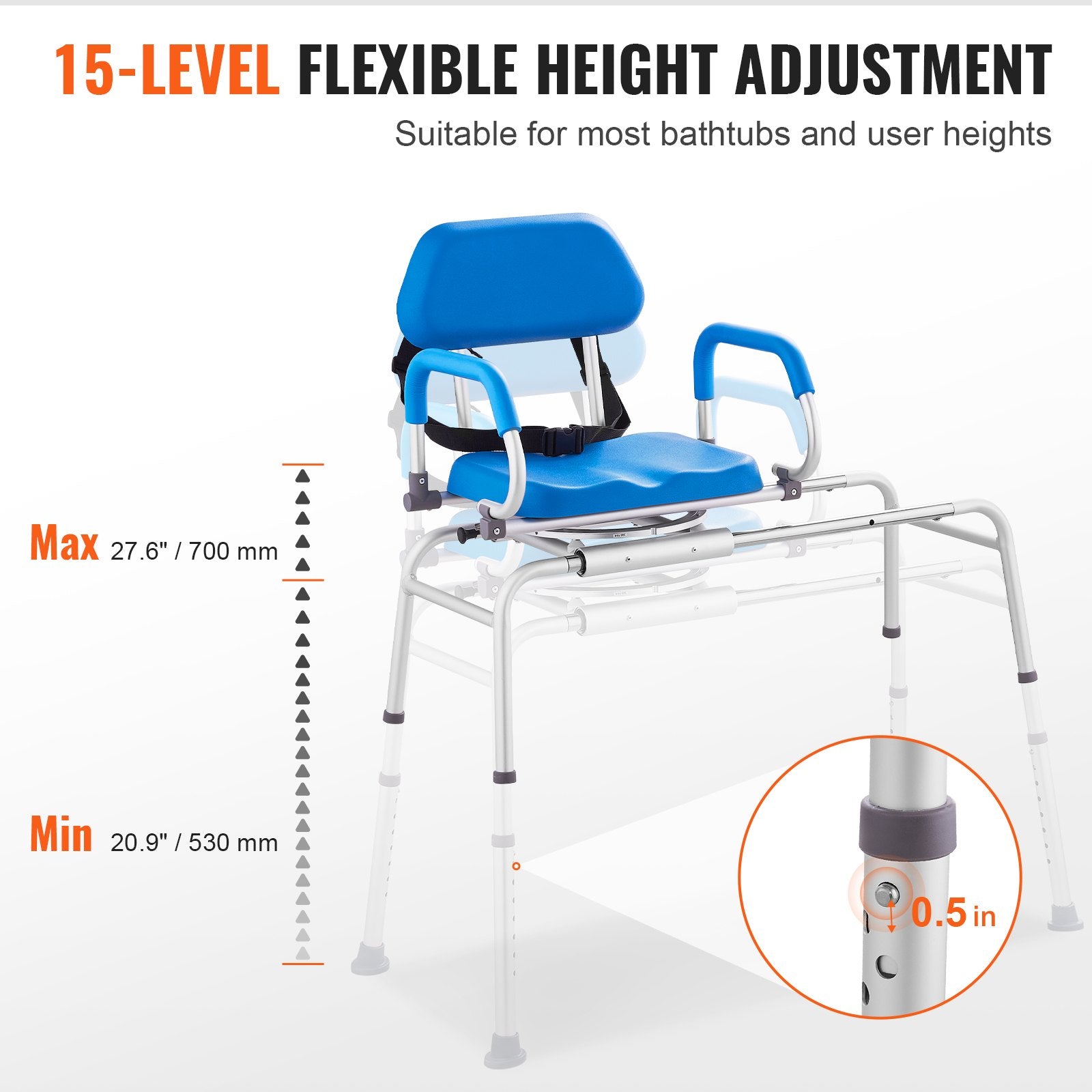 Sliding Tub Transfer Bench with 360 Degree Swivel Seat, Sliding Shower Chair with Pivoting Armrest & Padded Seat and Safety Belt, Height Adjustable Bath Chair for Elderly Disabled 330LBS
