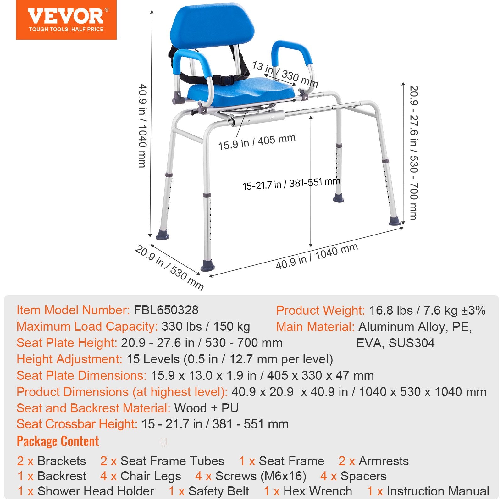 Sliding Tub Transfer Bench with 360 Degree Swivel Seat, Sliding Shower Chair with Pivoting Armrest & Padded Seat and Safety Belt, Height Adjustable Bath Chair for Elderly Disabled 330LBS
