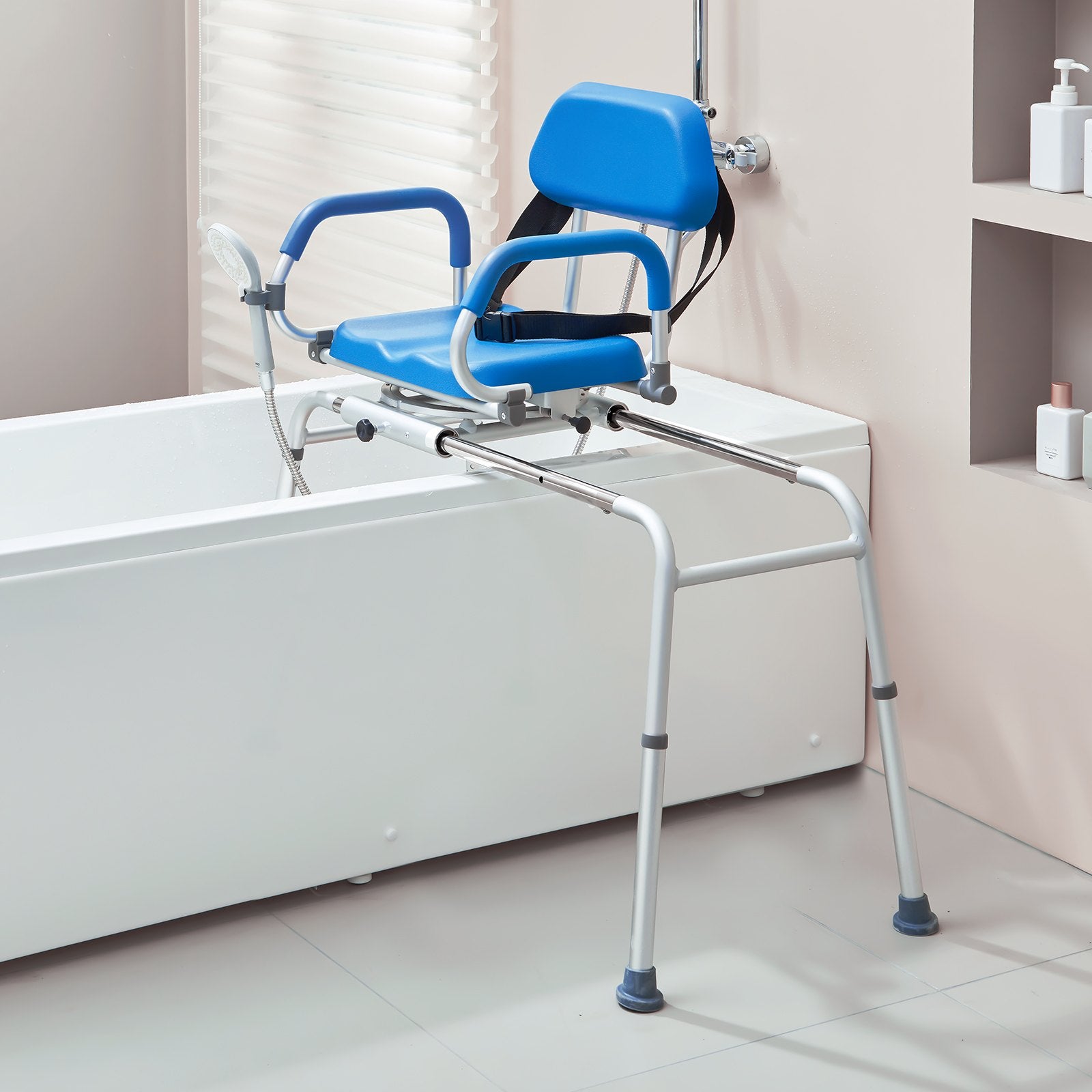 Sliding Tub Transfer Bench with 360 Degree Swivel Seat, Sliding Shower Chair with Pivoting Armrest & Padded Seat and Safety Belt, Height Adjustable Bath Chair for Elderly Disabled 330LBS