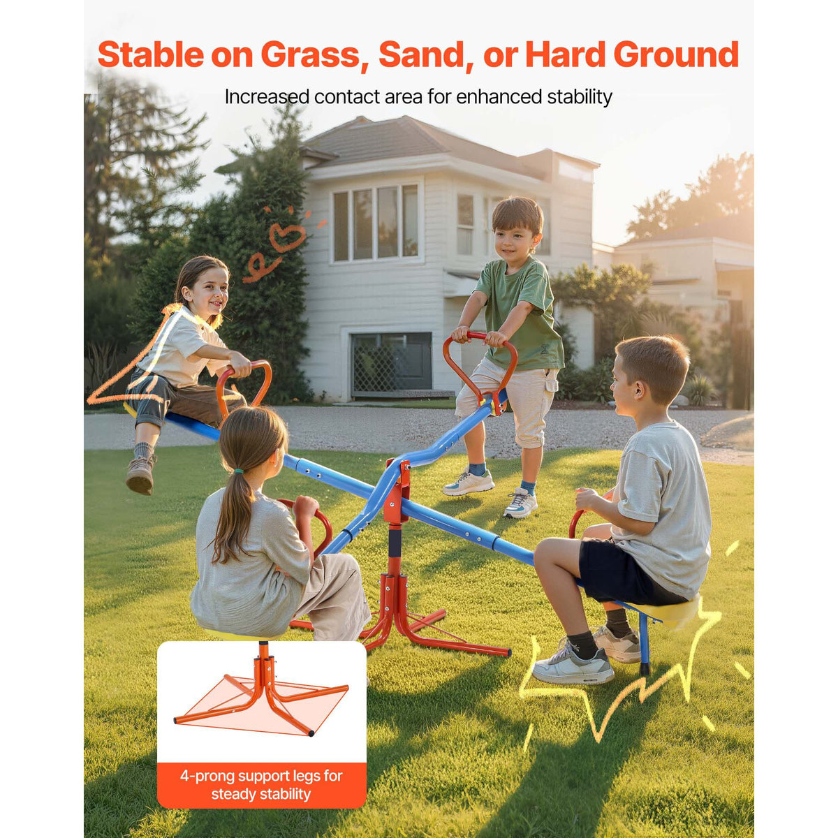 Kids Seesaw, 49.9 kg Load Capacity per Seat, Sit and Spin Teeter Totter with 4-prong Support Legs, Kids Outdoor Playground Equipment, Swiveling 360 Degrees Rotating for Children Aged 3+, 4 Seats