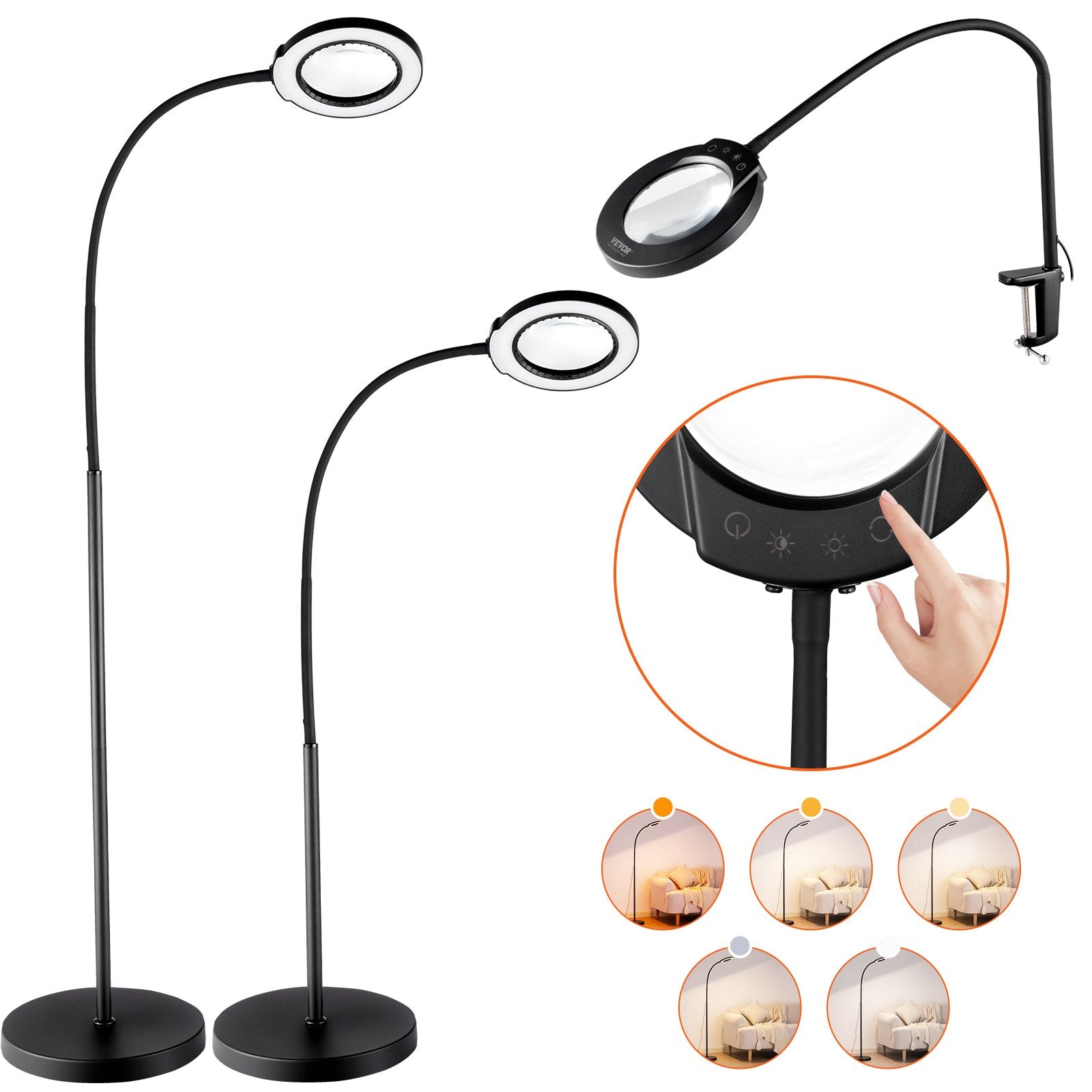 Makeup Mirrors: VEVOR 5X Floor Magnifying Glass with Light and Stand Flexible Gooseneck LED