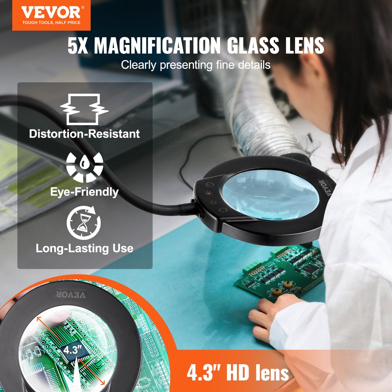 Makeup Mirrors: VEVOR 5X Floor Magnifying Glass with Light and Stand Flexible Gooseneck LED