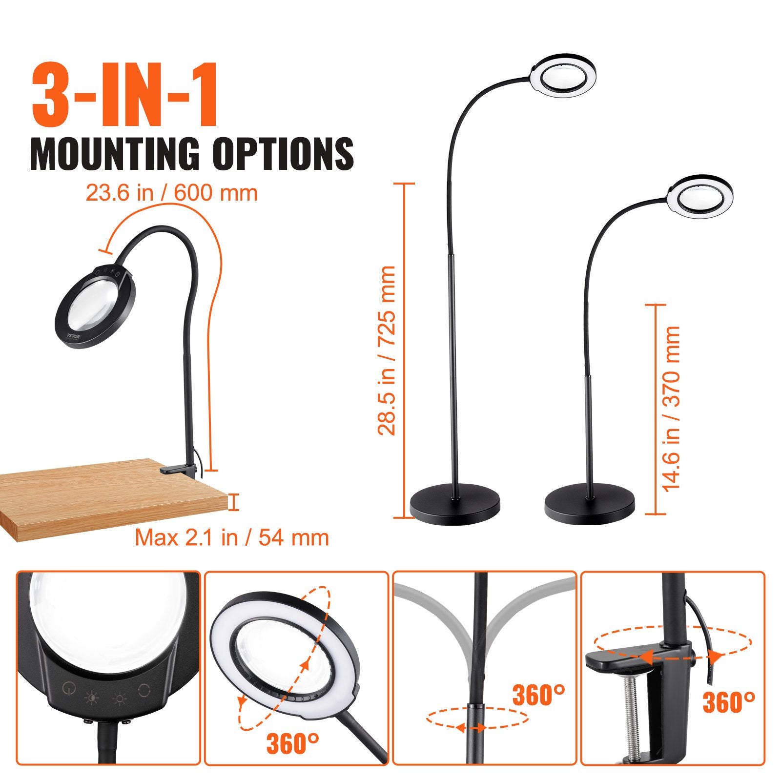 Makeup Mirrors: VEVOR 5X Floor Magnifying Glass with Light and Stand Flexible Gooseneck LED