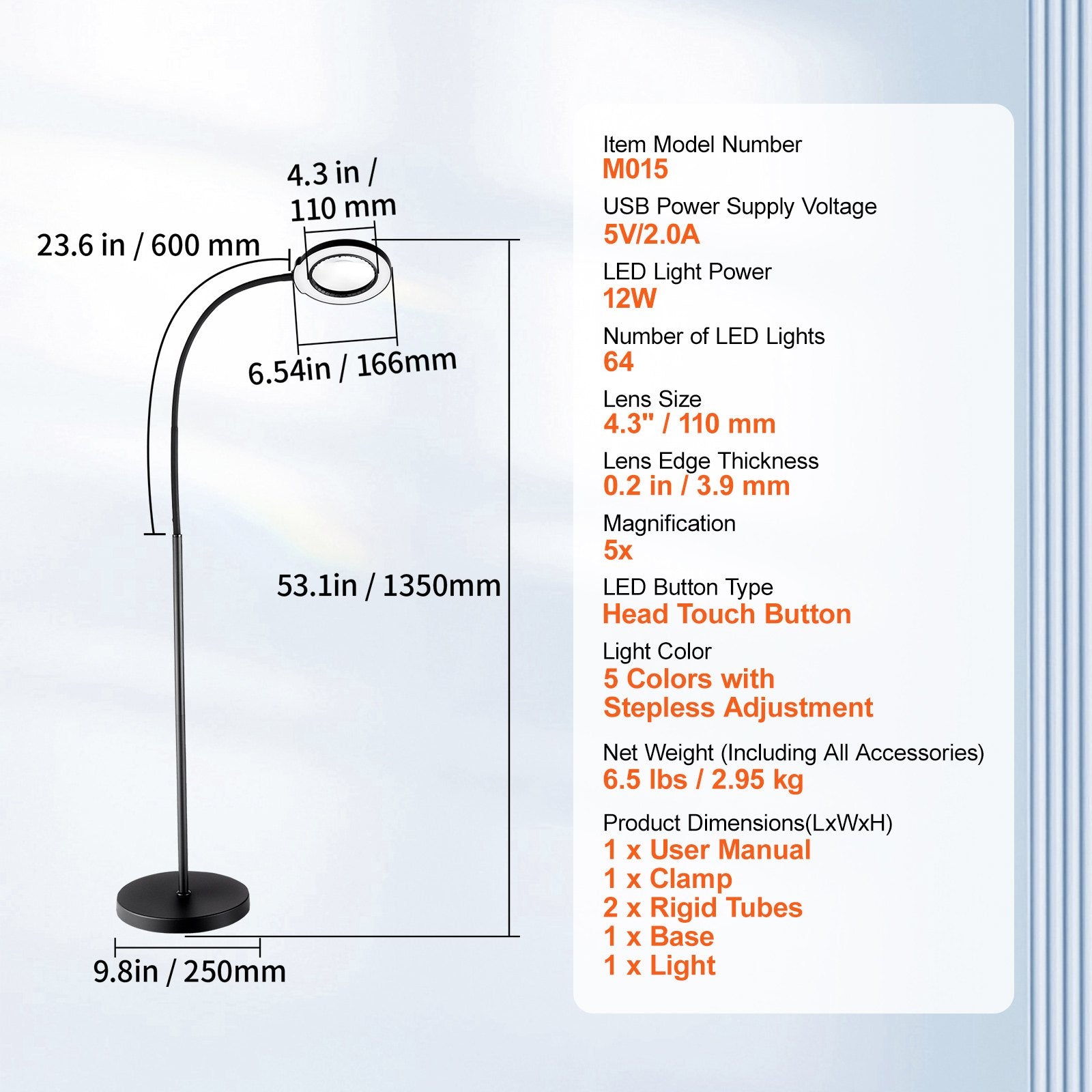 Makeup Mirrors: VEVOR 5X Floor Magnifying Glass with Light and Stand Flexible Gooseneck LED