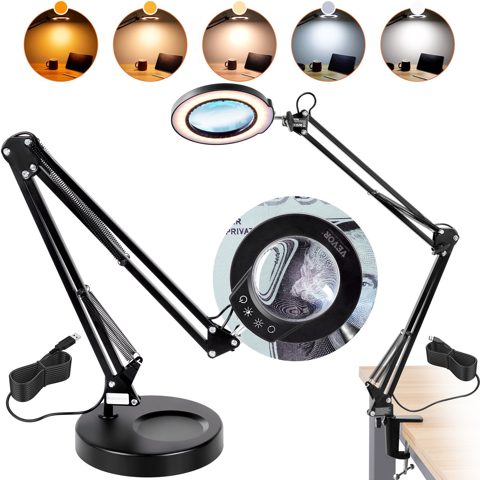 Gardening Tools: VEVOR Magnifying Glass with Light and Stand, 5X Magnifying Lamp, 4.3" Glass Lens, Base and Clamp 2-in-1 Desk Magnifier with Light, 64 LED Lights 5 Color Modes, for Close Work Reading Repair Crafts