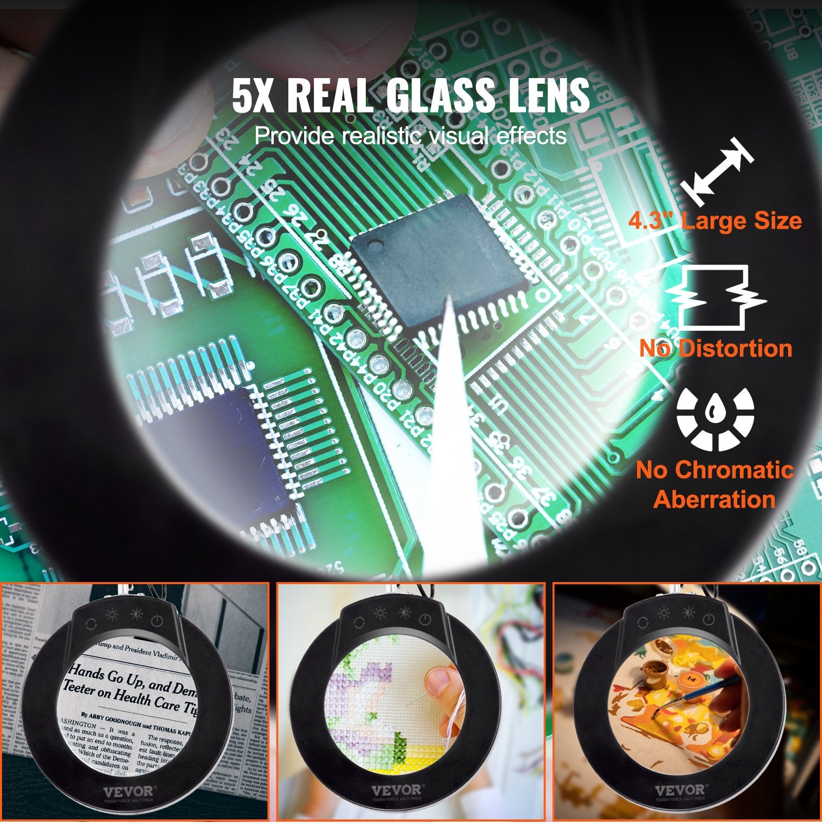 Gardening Tools: VEVOR Magnifying Glass with Light and Stand, 5X Magnifying Lamp, 4.3" Glass Lens, Base and Clamp 2-in-1 Desk Magnifier with Light, 64 LED Lights 5 Color Modes, for Close Work Reading Repair Crafts