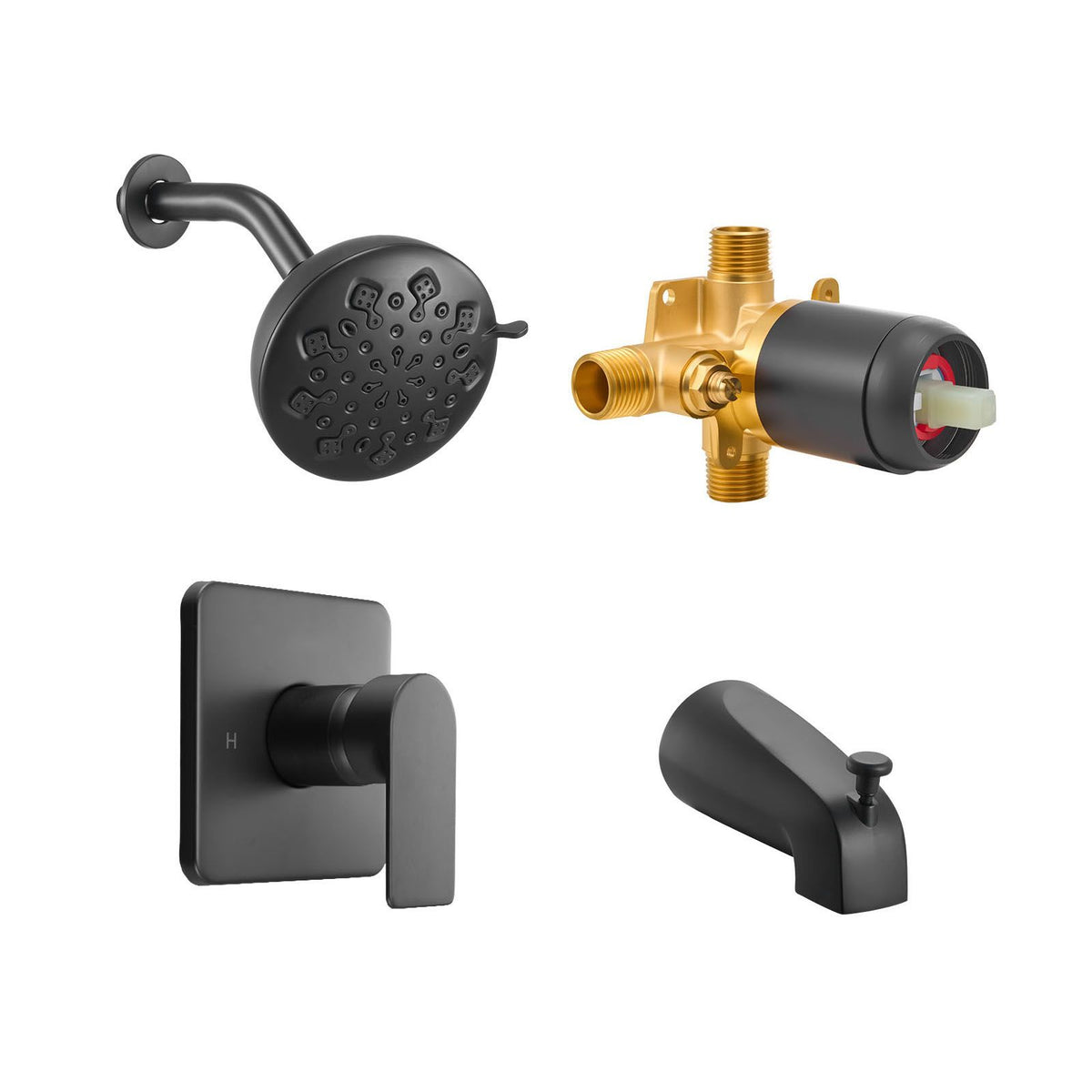 Tub and Shower Faucet Set, 127 mm Rainfall Shower Head and Bathtub Spout, Complete Single-Handle Tub Trim Kit with Brass Pressure Balancing Valve, 8-Setting Adjustable Spray Modes, Matte Black