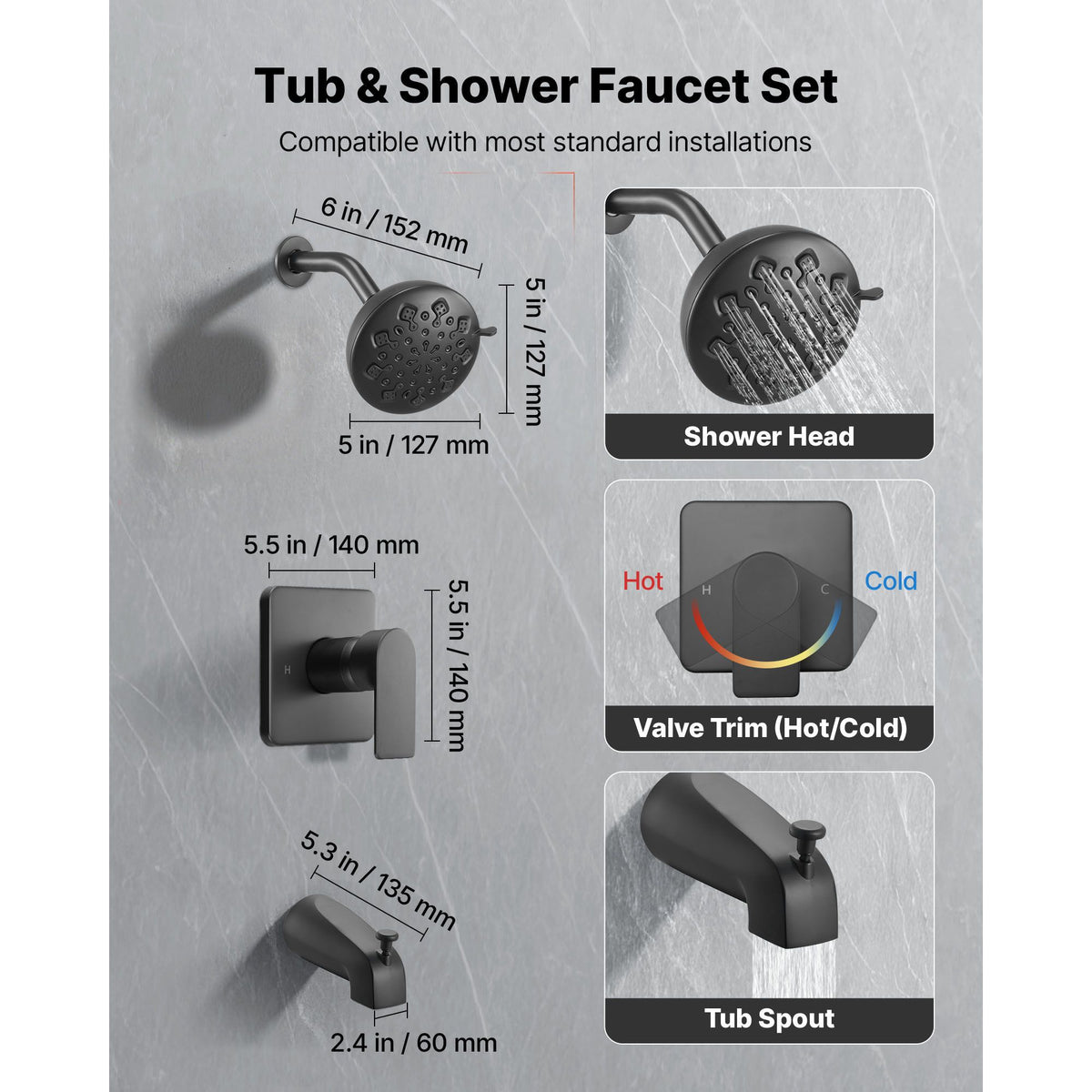 Tub and Shower Faucet Set, 127 mm Rainfall Shower Head and Bathtub Spout, Complete Single-Handle Tub Trim Kit with Brass Pressure Balancing Valve, 8-Setting Adjustable Spray Modes, Matte Black