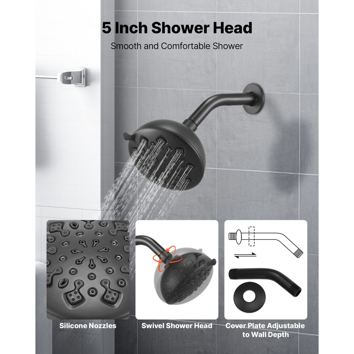 Tub and Shower Faucet Set, 127 mm Rainfall Shower Head and Bathtub Spout, Complete Single-Handle Tub Trim Kit with Brass Pressure Balancing Valve, 8-Setting Adjustable Spray Modes, Matte Black