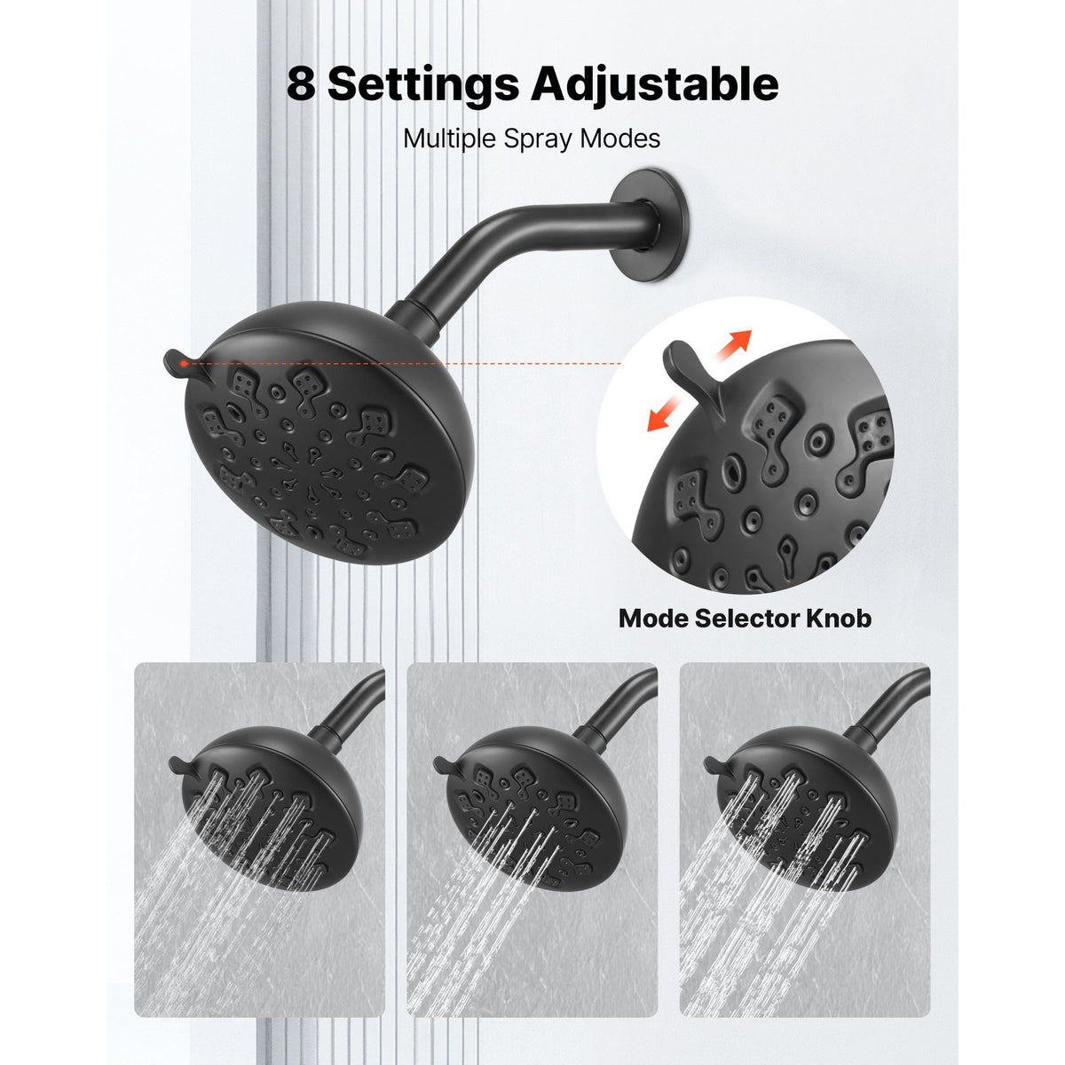 Tub and Shower Faucet Set, 127 mm Rainfall Shower Head and Bathtub Spout, Complete Single-Handle Tub Trim Kit with Brass Pressure Balancing Valve, 8-Setting Adjustable Spray Modes, Matte Black