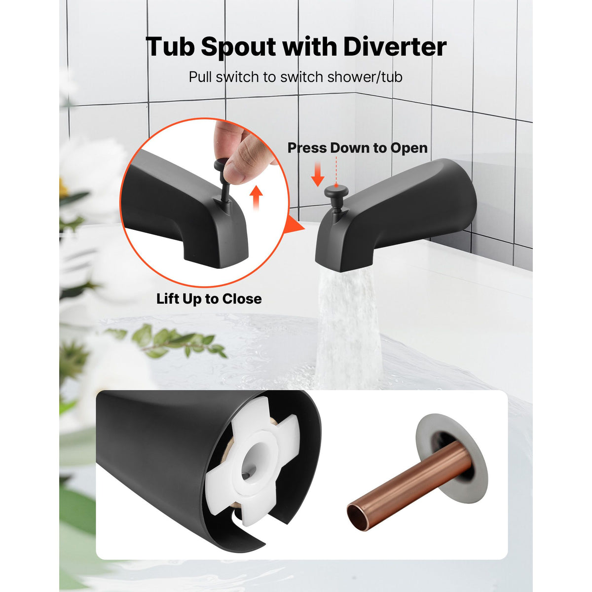 Tub and Shower Faucet Set, 127 mm Rainfall Shower Head and Bathtub Spout, Complete Single-Handle Tub Trim Kit with Brass Pressure Balancing Valve, 8-Setting Adjustable Spray Modes, Matte Black