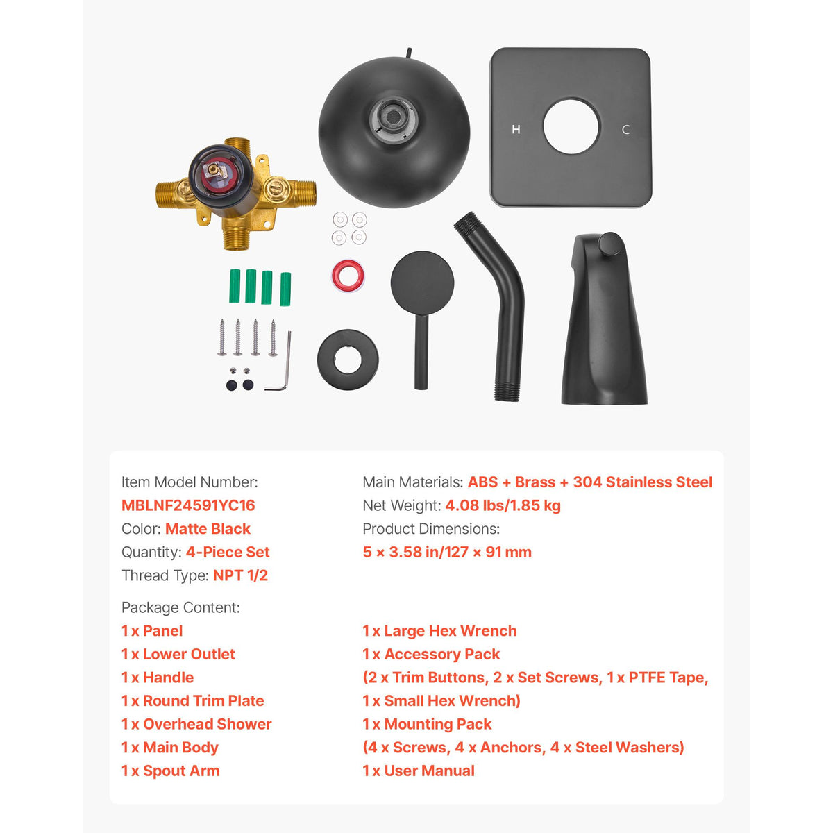 Tub and Shower Faucet Set, 127 mm Rainfall Shower Head and Bathtub Spout, Complete Single-Handle Tub Trim Kit with Brass Pressure Balancing Valve, 8-Setting Adjustable Spray Modes, Matte Black
