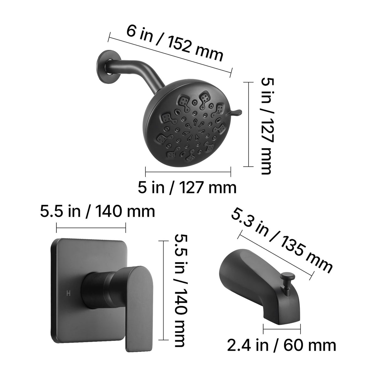 Tub and Shower Faucet Set, 127 mm Rainfall Shower Head and Bathtub Spout, Complete Single-Handle Tub Trim Kit with Brass Pressure Balancing Valve, 8-Setting Adjustable Spray Modes, Matte Black