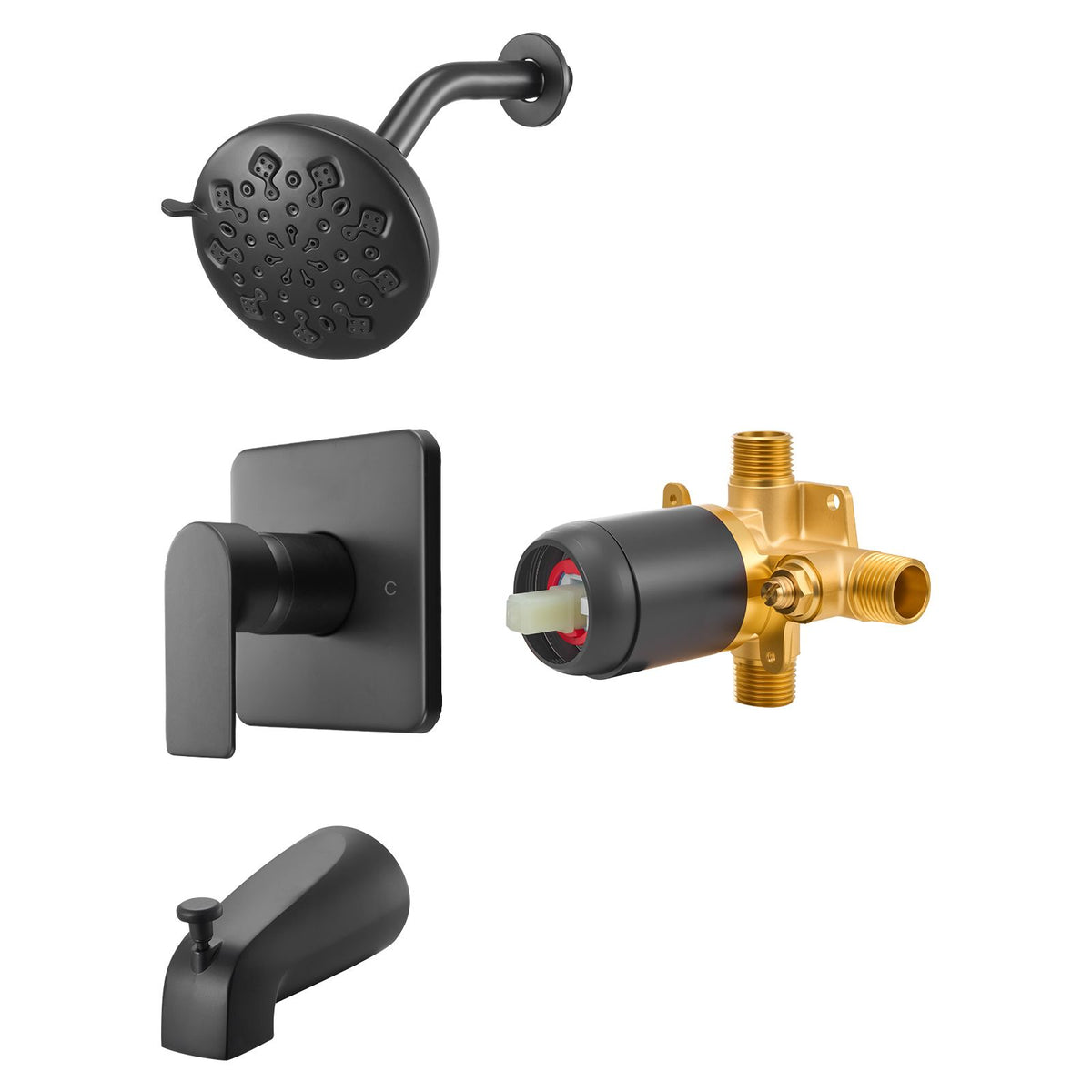 Tub and Shower Faucet Set, 127 mm Rainfall Shower Head and Bathtub Spout, Complete Single-Handle Tub Trim Kit with Brass Pressure Balancing Valve, 8-Setting Adjustable Spray Modes, Matte Black