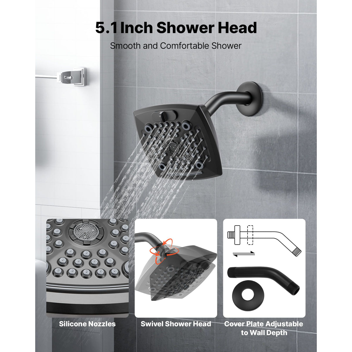 Tub and Shower Faucet Set, Complete with 130 mm Rainfall Shower Head and Bathtub Spout, 5-Setting Adjustable Spray, Single-Handle Tub Trim Kit with Brass Pressure Balancing Valve, Matte Black