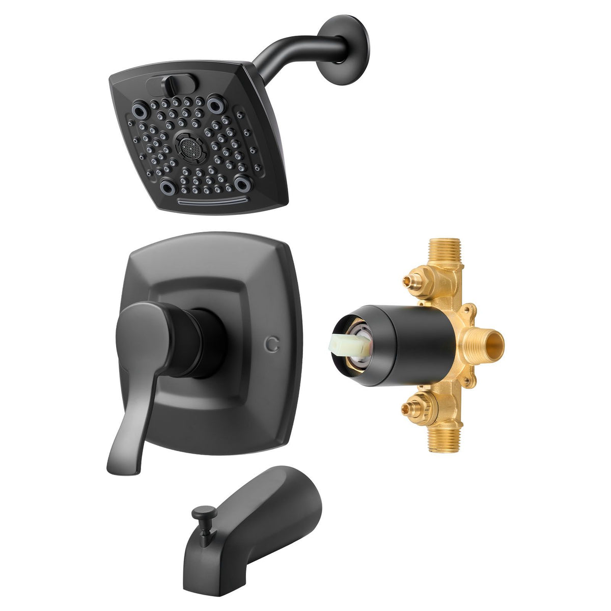 Tub and Shower Faucet Set, Complete with 130 mm Rainfall Shower Head and Bathtub Spout, 5-Setting Adjustable Spray, Single-Handle Tub Trim Kit with Brass Pressure Balancing Valve, Matte Black