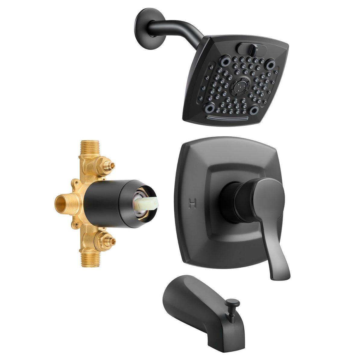 Tub and Shower Faucet Set, Complete with 130 mm Rainfall Shower Head and Bathtub Spout, 5-Setting Adjustable Spray, Single-Handle Tub Trim Kit with Brass Pressure Balancing Valve, Matte Black