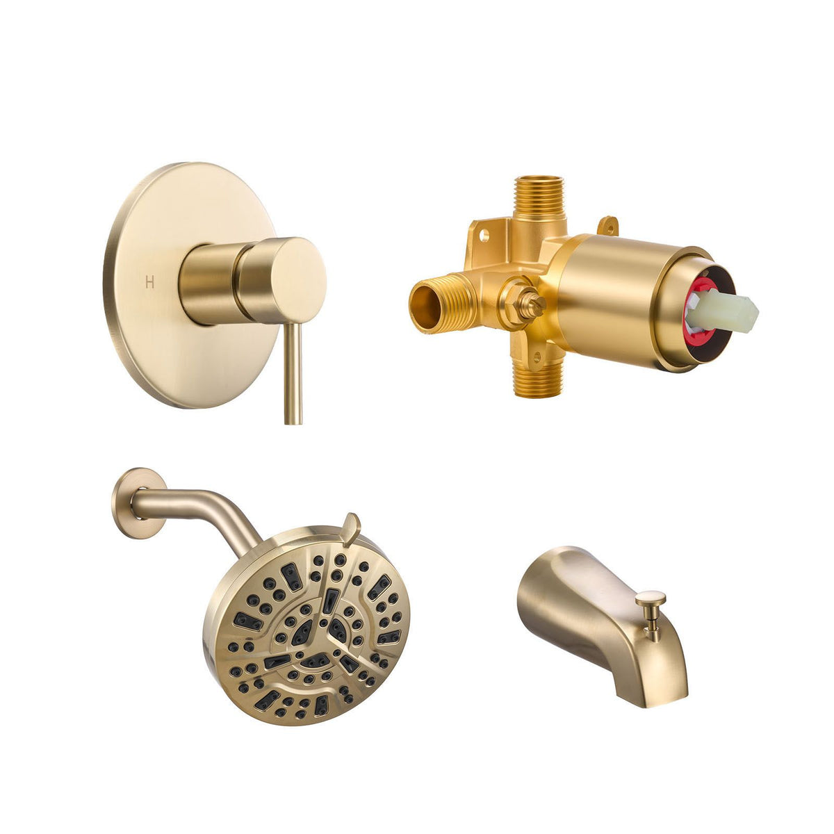 Tub and Shower Faucet Set, Complete with 127 mm Rainfall Shower Head and Bathtub Spout, 8-Setting Adjustable Spray, Single-Handle Tub Trim Kit with Brass Pressure Balancing Valve, Gold Finish