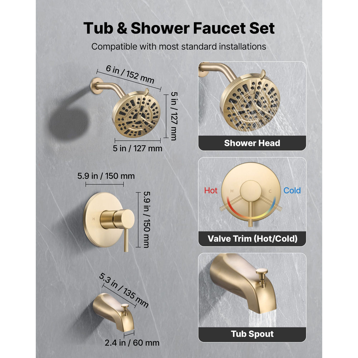 Tub and Shower Faucet Set, Complete with 127 mm Rainfall Shower Head and Bathtub Spout, 8-Setting Adjustable Spray, Single-Handle Tub Trim Kit with Brass Pressure Balancing Valve, Gold Finish