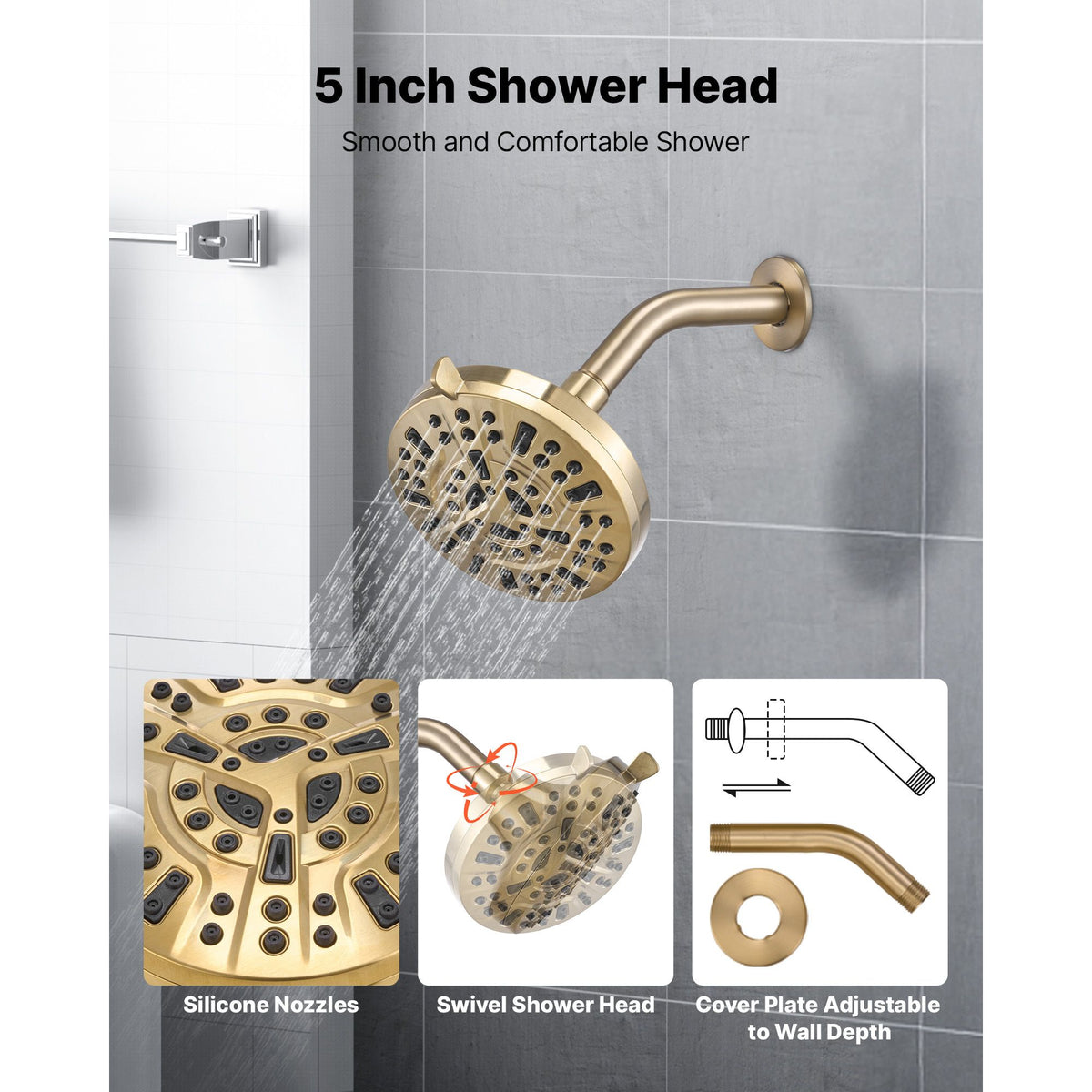Tub and Shower Faucet Set, Complete with 127 mm Rainfall Shower Head and Bathtub Spout, 8-Setting Adjustable Spray, Single-Handle Tub Trim Kit with Brass Pressure Balancing Valve, Gold Finish