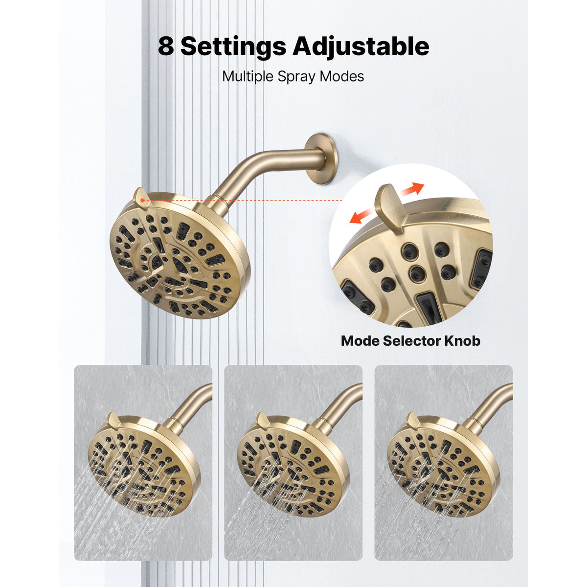 Tub and Shower Faucet Set, Complete with 127 mm Rainfall Shower Head and Bathtub Spout, 8-Setting Adjustable Spray, Single-Handle Tub Trim Kit with Brass Pressure Balancing Valve, Gold Finish