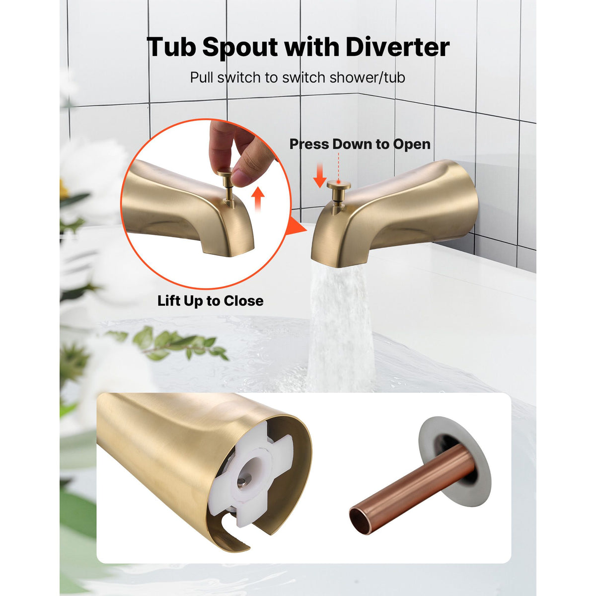 Tub and Shower Faucet Set, Complete with 127 mm Rainfall Shower Head and Bathtub Spout, 8-Setting Adjustable Spray, Single-Handle Tub Trim Kit with Brass Pressure Balancing Valve, Gold Finish