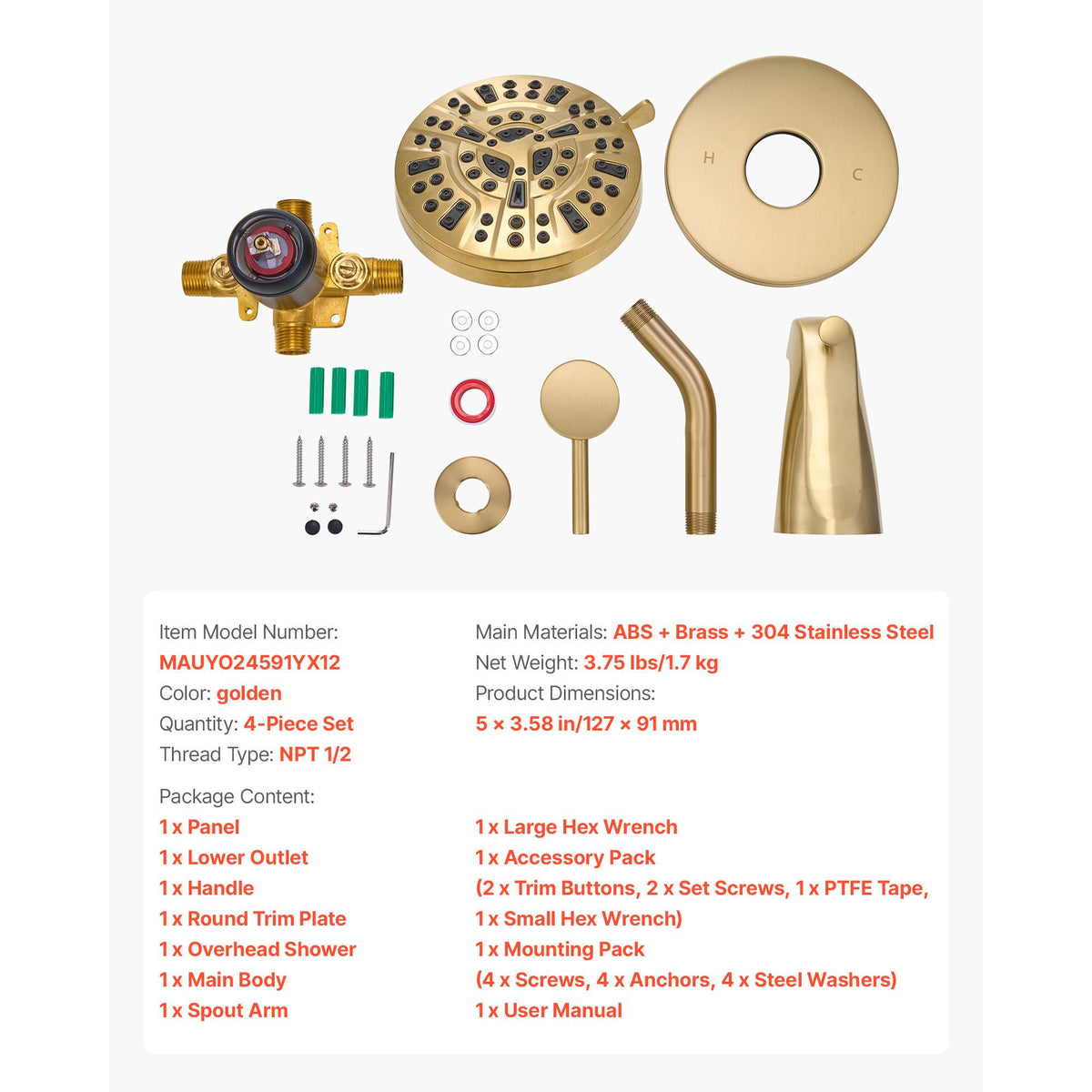 Tub and Shower Faucet Set, Complete with 127 mm Rainfall Shower Head and Bathtub Spout, 8-Setting Adjustable Spray, Single-Handle Tub Trim Kit with Brass Pressure Balancing Valve, Gold Finish