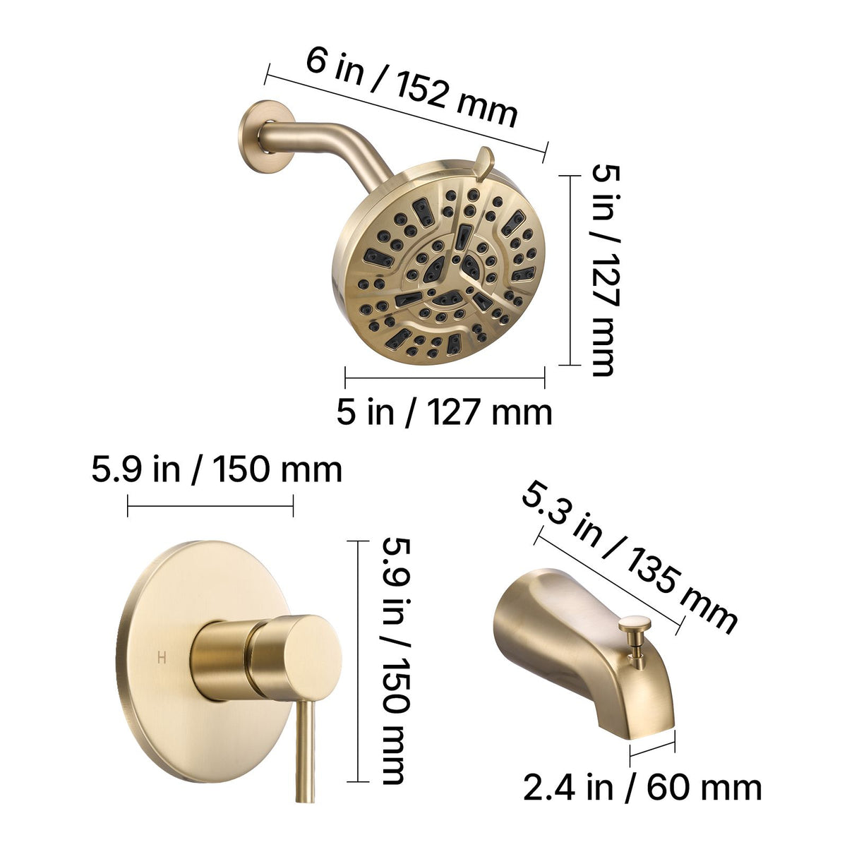 Tub and Shower Faucet Set, Complete with 127 mm Rainfall Shower Head and Bathtub Spout, 8-Setting Adjustable Spray, Single-Handle Tub Trim Kit with Brass Pressure Balancing Valve, Gold Finish
