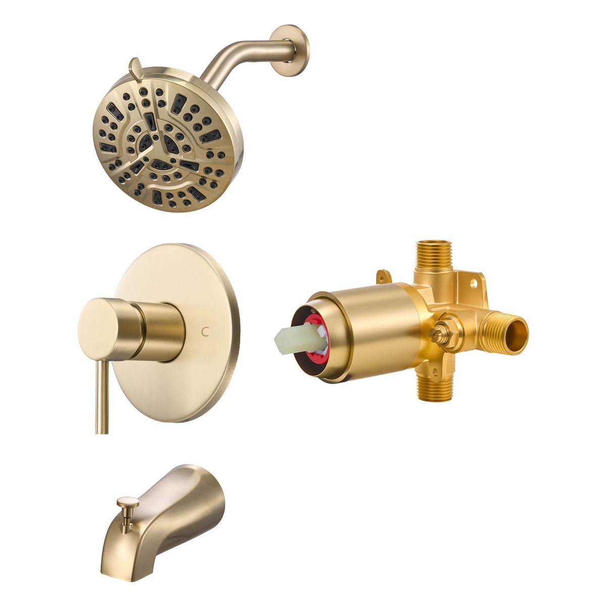 Tub and Shower Faucet Set, Complete with 127 mm Rainfall Shower Head and Bathtub Spout, 8-Setting Adjustable Spray, Single-Handle Tub Trim Kit with Brass Pressure Balancing Valve, Gold Finish