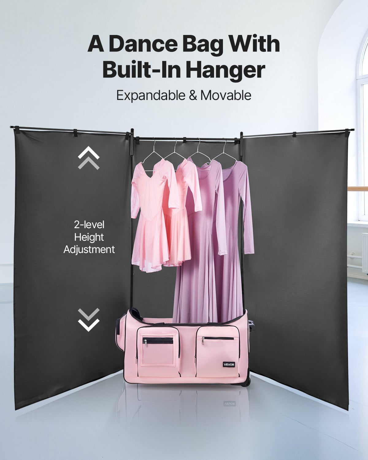Cable Management: VEVOR Dance Bag with Garment Rack, 736.6 mm Rolling Dance Duffel, with Wheels, USB Port, Height Adjustable Clothes Rack, Privacy Protection Curtain, Ideal for Travel and Competitions, Matte Pink