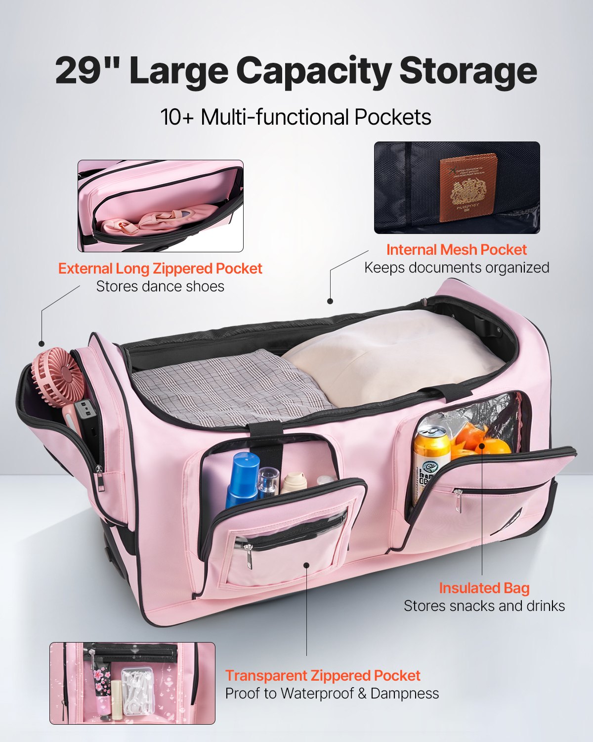 Cable Management: VEVOR Dance Bag with Garment Rack, 736.6 mm Rolling Dance Duffel, with Wheels, USB Port, Height Adjustable Clothes Rack, Privacy Protection Curtain, Ideal for Travel and Competitions, Matte Pink