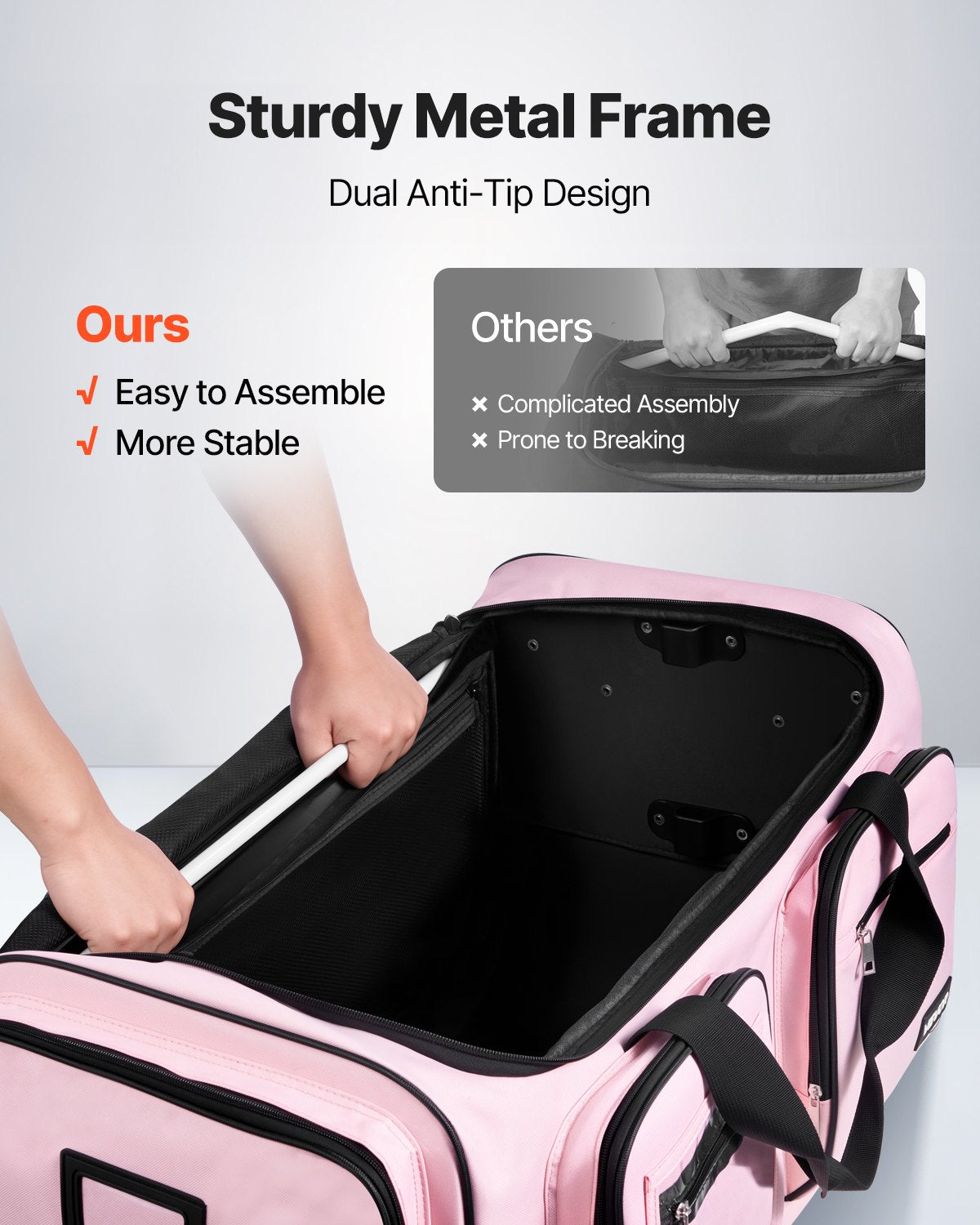 Cable Management: VEVOR Dance Bag with Garment Rack, 736.6 mm Rolling Dance Duffel, with Wheels, USB Port, Height Adjustable Clothes Rack, Privacy Protection Curtain, Ideal for Travel and Competitions, Matte Pink