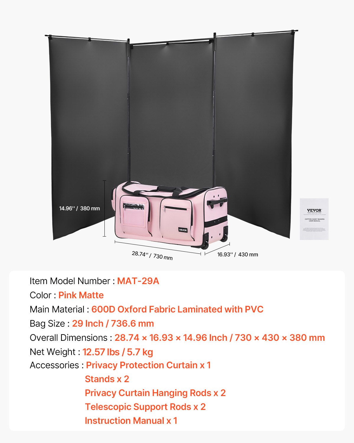 Cable Management: VEVOR Dance Bag with Garment Rack, 736.6 mm Rolling Dance Duffel, with Wheels, USB Port, Height Adjustable Clothes Rack, Privacy Protection Curtain, Ideal for Travel and Competitions, Matte Pink