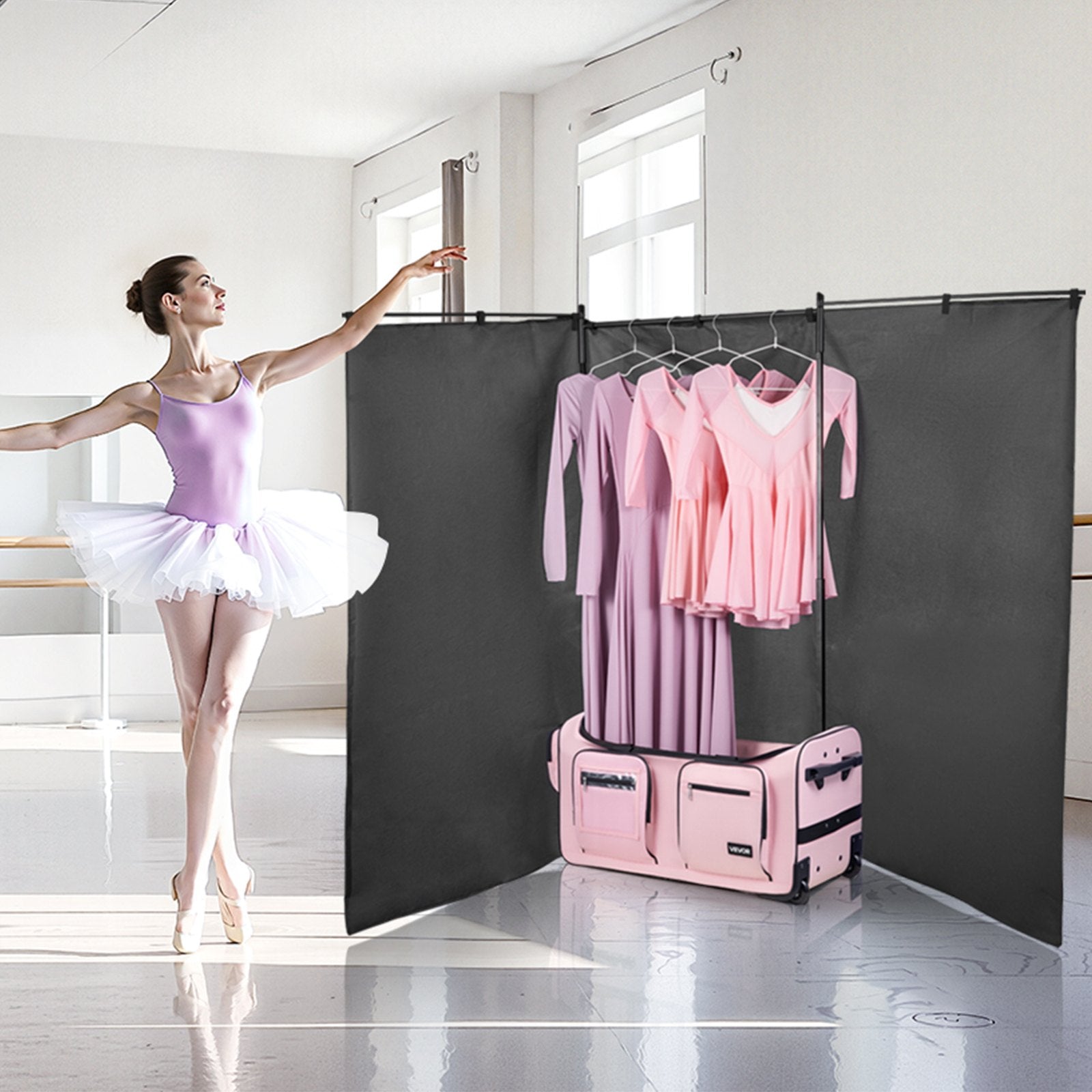 Cable Management: VEVOR Dance Bag with Garment Rack, 736.6 mm Rolling Dance Duffel, with Wheels, USB Port, Height Adjustable Clothes Rack, Privacy Protection Curtain, Ideal for Travel and Competitions, Matte Pink