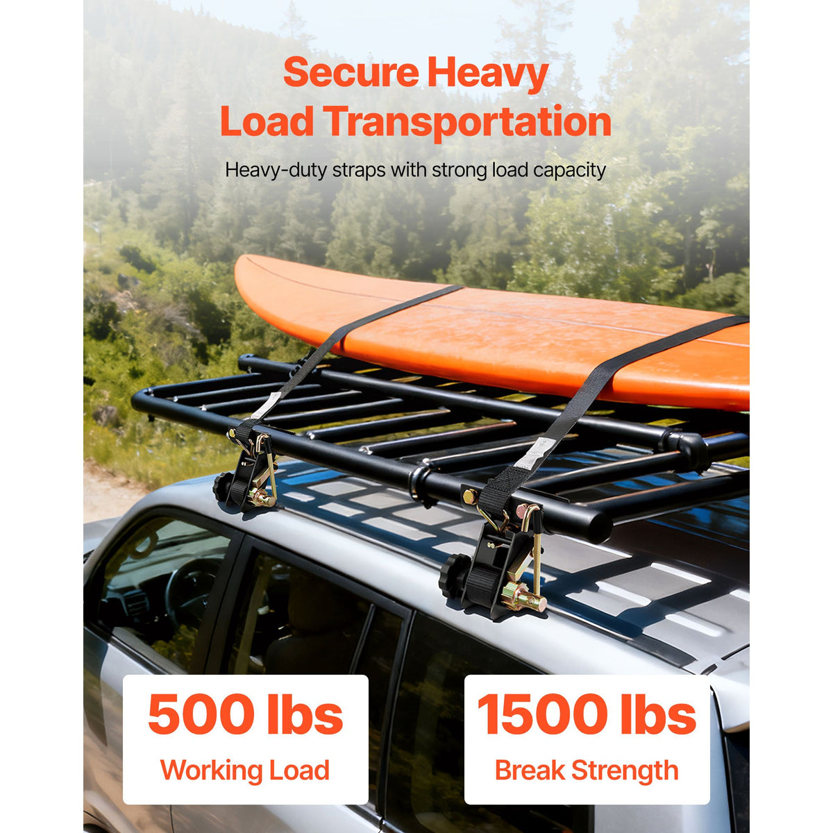Ladder Rack Ratchet Straps, 47.6-50.8 mm Black Round Tube Mount, 38 mm Wide x 2.25 m Long Black Ladder Rack Straps with Double J-Hooks, 226.8 kg Load Heavy Duty, Cargo Buckle Lock Strap (2 Pack)