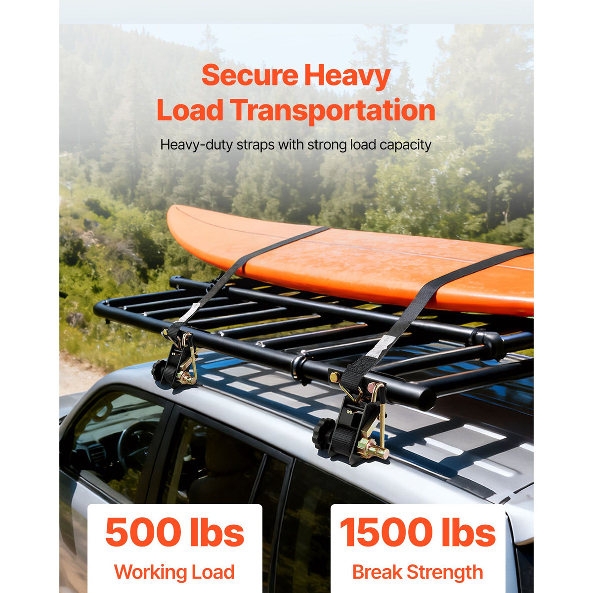 Ladder Rack Ratchet Straps, 47.6-50.8 mm Black Round Tube Mount, 38 mm Wide x 2.25 m Long Black Ladder Rack Straps with Double J-Hooks, 226.8 kg Load Heavy Duty, Cargo Buckle Lock Strap (4 Pack)