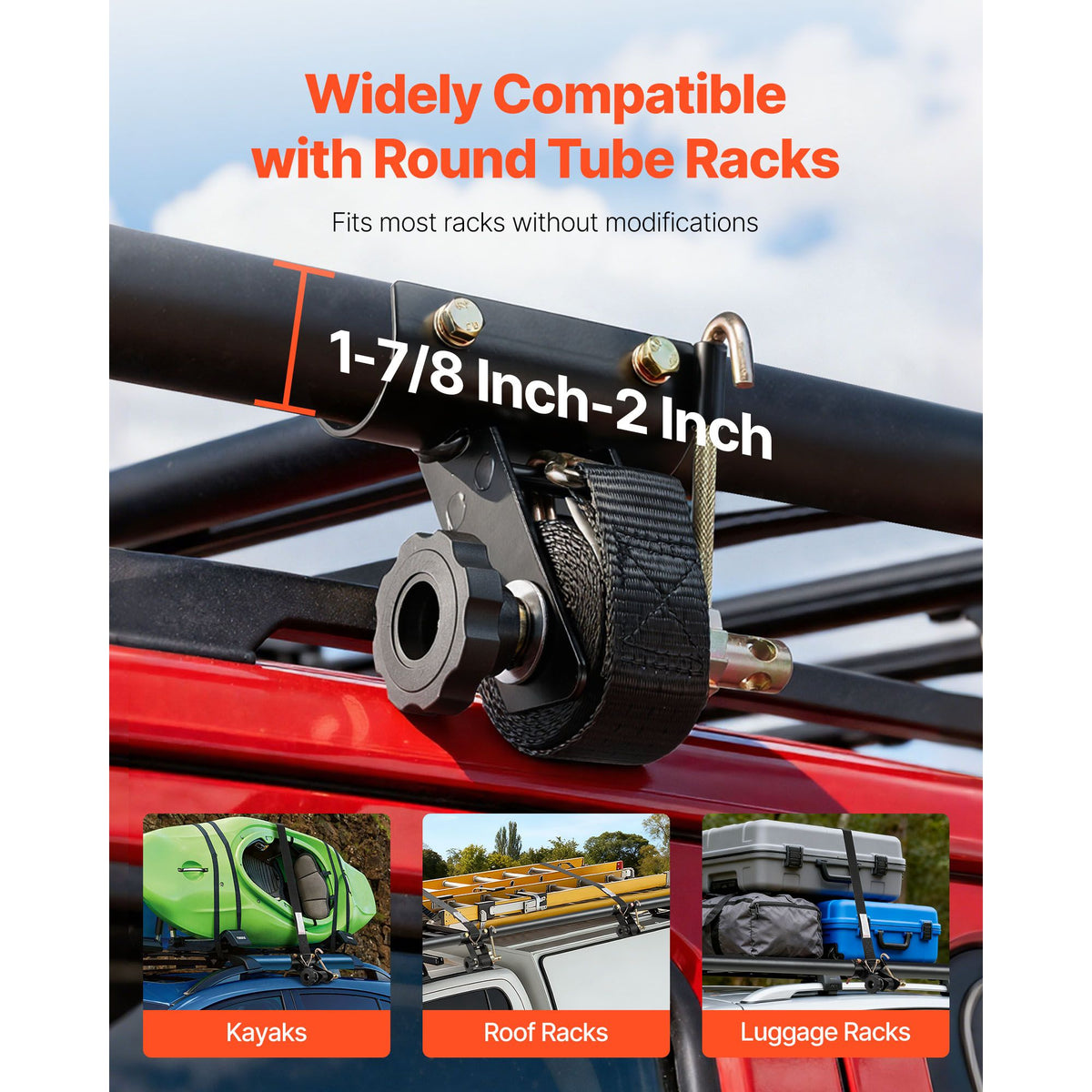 Ladder Rack Ratchet Straps, 47.6-50.8 mm Black Round Tube Mount, 38 mm Wide x 2.25 m Long Black Ladder Rack Straps with Double J-Hooks, 226.8 kg Load Heavy Duty, Cargo Buckle Lock Strap (4 Pack)