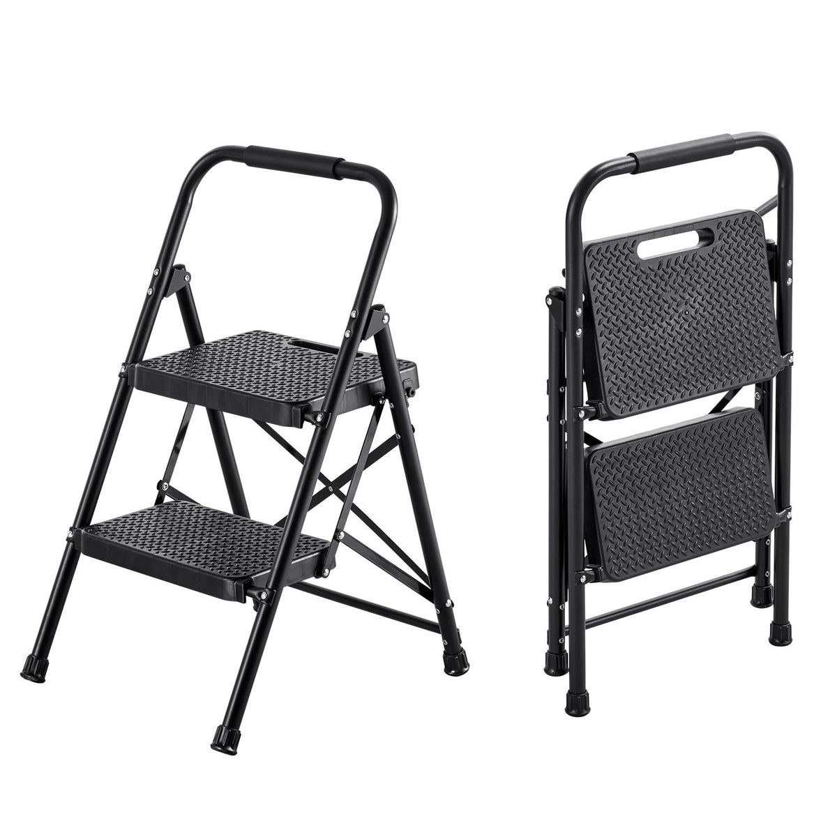 2 Step Ladder, Folding Step Stool with Wide Anti-Slip Pedal and Comfort Handgrip, Lightweight 272 kg Capacity Portable Steel Ladder, Multi-Use for Kitchen, Home, Household and Office, Black