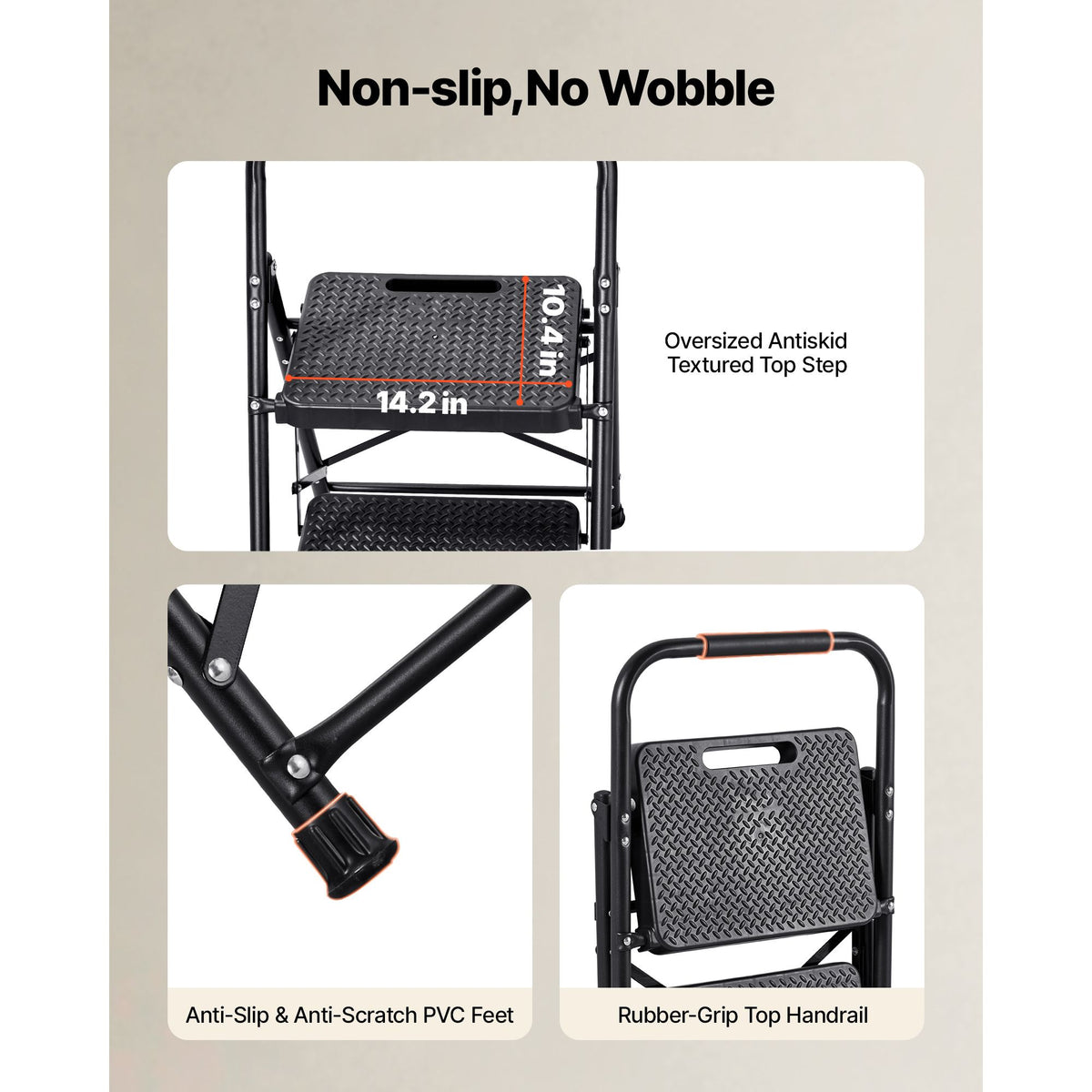 2 Step Ladder, Folding Step Stool with Wide Anti-Slip Pedal and Comfort Handgrip, Lightweight 272 kg Capacity Portable Steel Ladder, Multi-Use for Kitchen, Home, Household and Office, Black