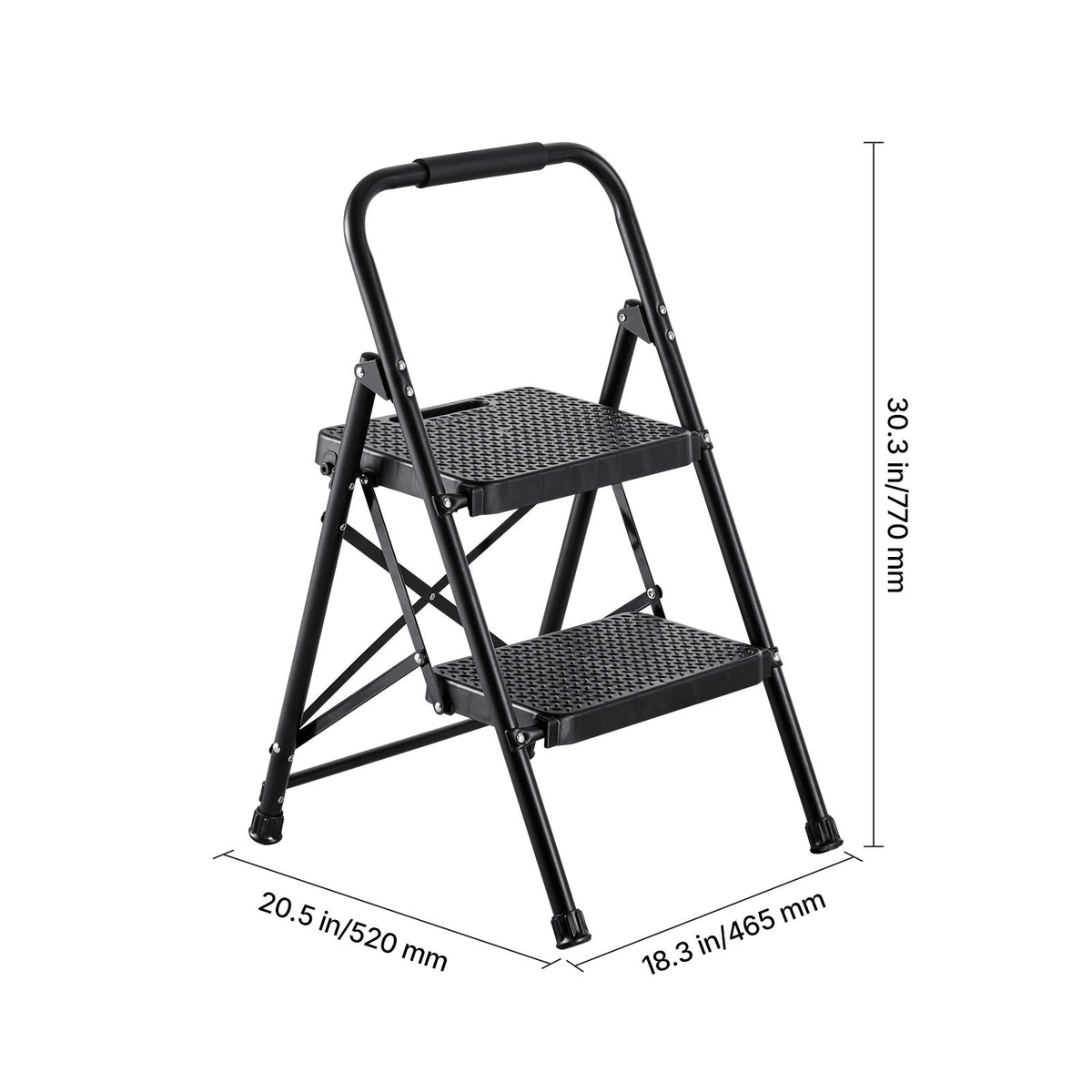2 Step Ladder, Folding Step Stool with Wide Anti-Slip Pedal and Comfort Handgrip, Lightweight 272 kg Capacity Portable Steel Ladder, Multi-Use for Kitchen, Home, Household and Office, Black