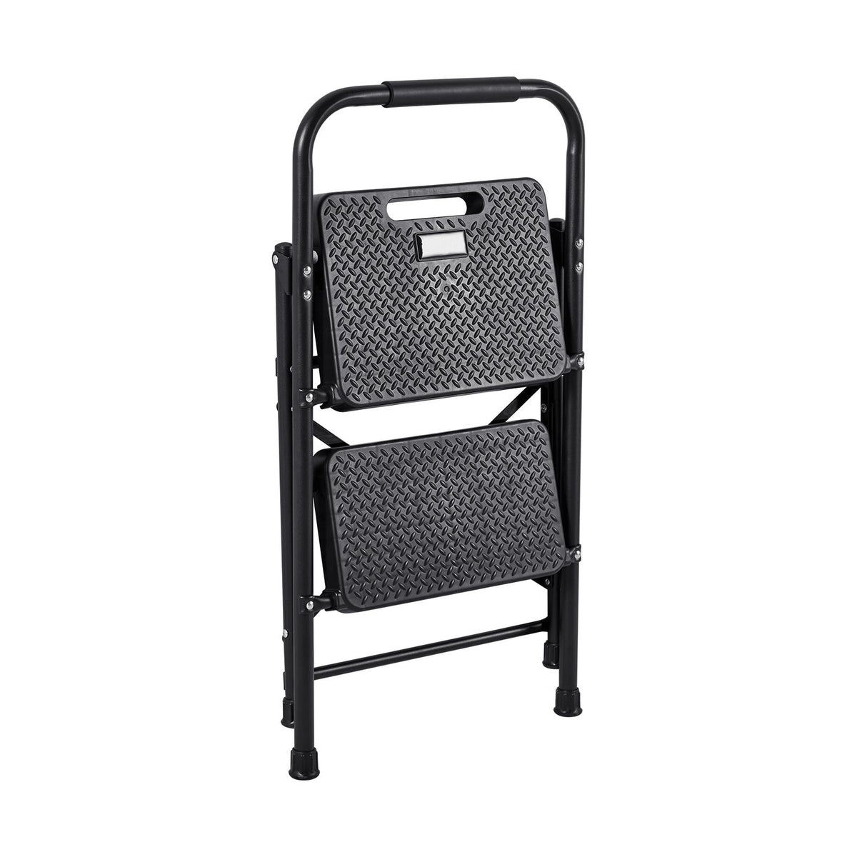2 Step Ladder, Folding Step Stool with Wide Anti-Slip Pedal and Comfort Handgrip, Lightweight 272 kg Capacity Portable Steel Ladder, Multi-Use for Kitchen, Home, Household and Office, Black