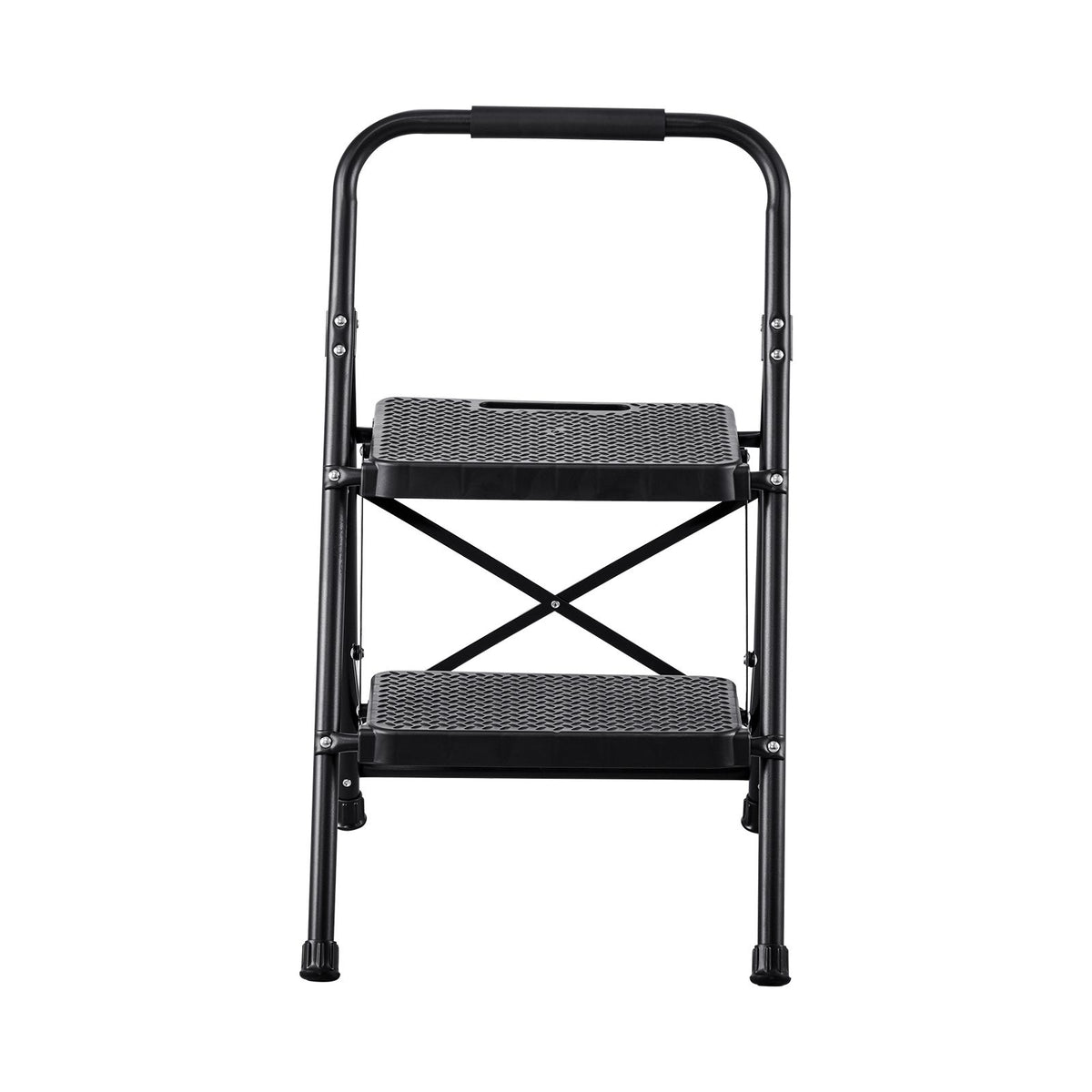 2 Step Ladder, Folding Step Stool with Wide Anti-Slip Pedal and Comfort Handgrip, Lightweight 272 kg Capacity Portable Steel Ladder, Multi-Use for Kitchen, Home, Household and Office, Black