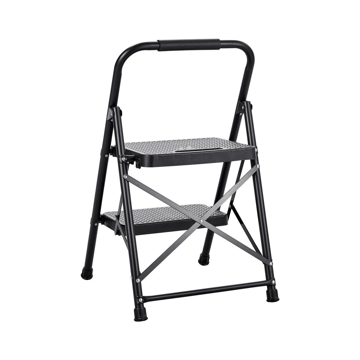 2 Step Ladder, Folding Step Stool with Wide Anti-Slip Pedal and Comfort Handgrip, Lightweight 272 kg Capacity Portable Steel Ladder, Multi-Use for Kitchen, Home, Household and Office, Black