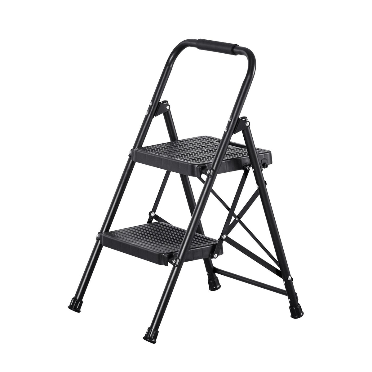 2 Step Ladder, Folding Step Stool with Wide Anti-Slip Pedal and Comfort Handgrip, Lightweight 272 kg Capacity Portable Steel Ladder, Multi-Use for Kitchen, Home, Household and Office, Black