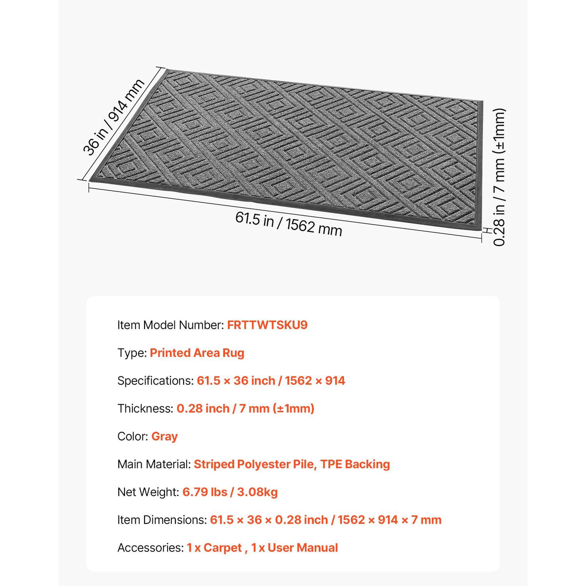 Front Door Mat, 1562 x 914 mm Commercial Floor Mat for Indoor and Outdoor, Modern Stylish Carpet with TPE Backing, Heavy Duty Washable Entry Industrial Rug for Hallway, Balcony, Garage, Grey